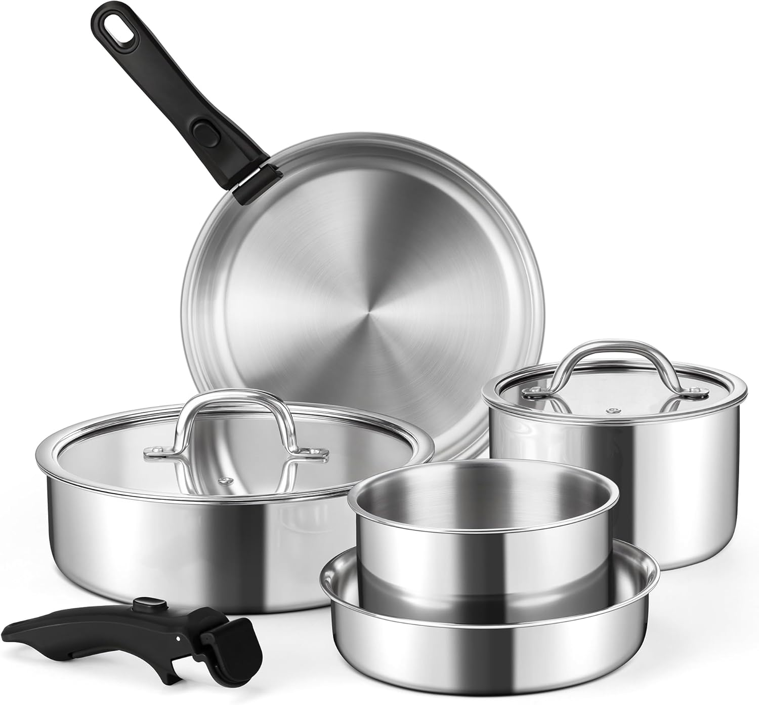 E-far 9pcs Stainless Steel Cookware Set, 3-Ply Pots and Pans Set w/Detachable Handle & Lid, Induction Cookware Kitchen Cooking Set for RV Camping, Nontoxic Whole Clad Frying/Saute/Sauce Pan, Oven Safe E-far 9pcs Stainless Steel Cookware Set, 3-Ply Pots and Pans Set w/Detachable Handle & Lid, Induction Cookware Kitchen Cooking Set for RV Camping, Nontoxic Whole Clad Frying/Saute/Sauce Pan, Oven Safe