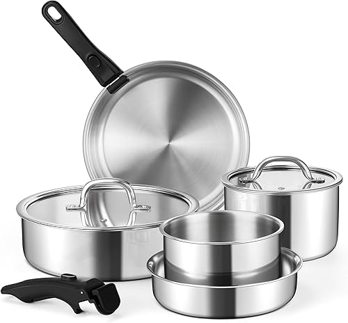 E-far Juego de 9 utensilios de cocina de acero inoxidable, juego de ollas y sartenes de 3 capas con mango y tapa desmontables, utensilios de cocina