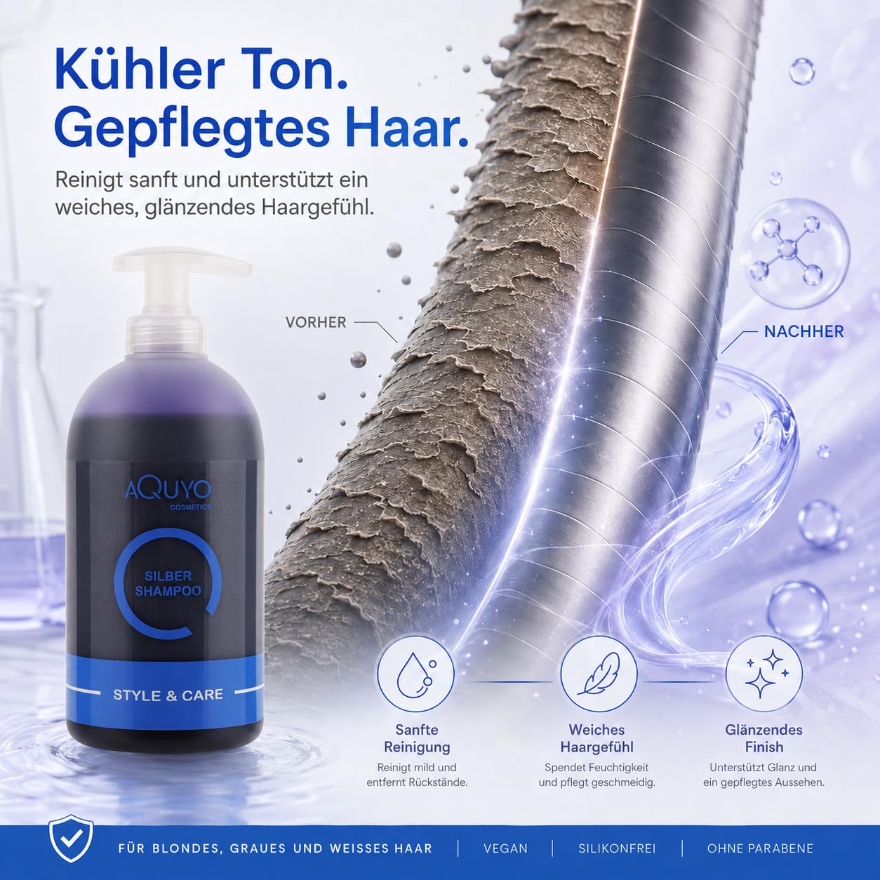 Style & Care Silber Shampoo, Anti Gelbstich Shampoo für graues, hell gefärbtes oder blondes Haar (3x 500ml) | Silbershampoo spendet Feuchtigkeit und steigert Farbbrillanz für blondiertes Haar