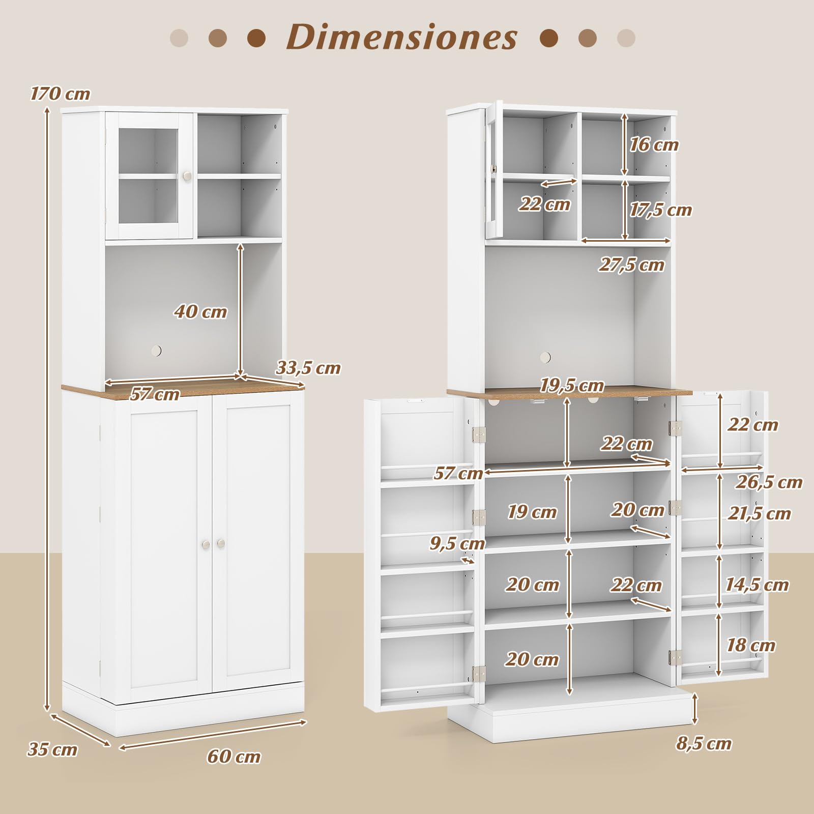 COSTWAY Armario Despensa de Cocina, Armario Buffet con Estante para Microondas, 8 Estantes con Puertas y 5 Estantes Ajustables, Gabinete de Despensa de Cocina para Sala de Estar, 60 x 35 x 170 cm