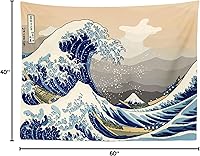 Vista 8 de CORFOTO Tapiz retro de 60 x 40 pulgadas, prefectura japonesa de Kanagawa, tapiz de ondas japonesas antiguas, tapices de estilo japonés
