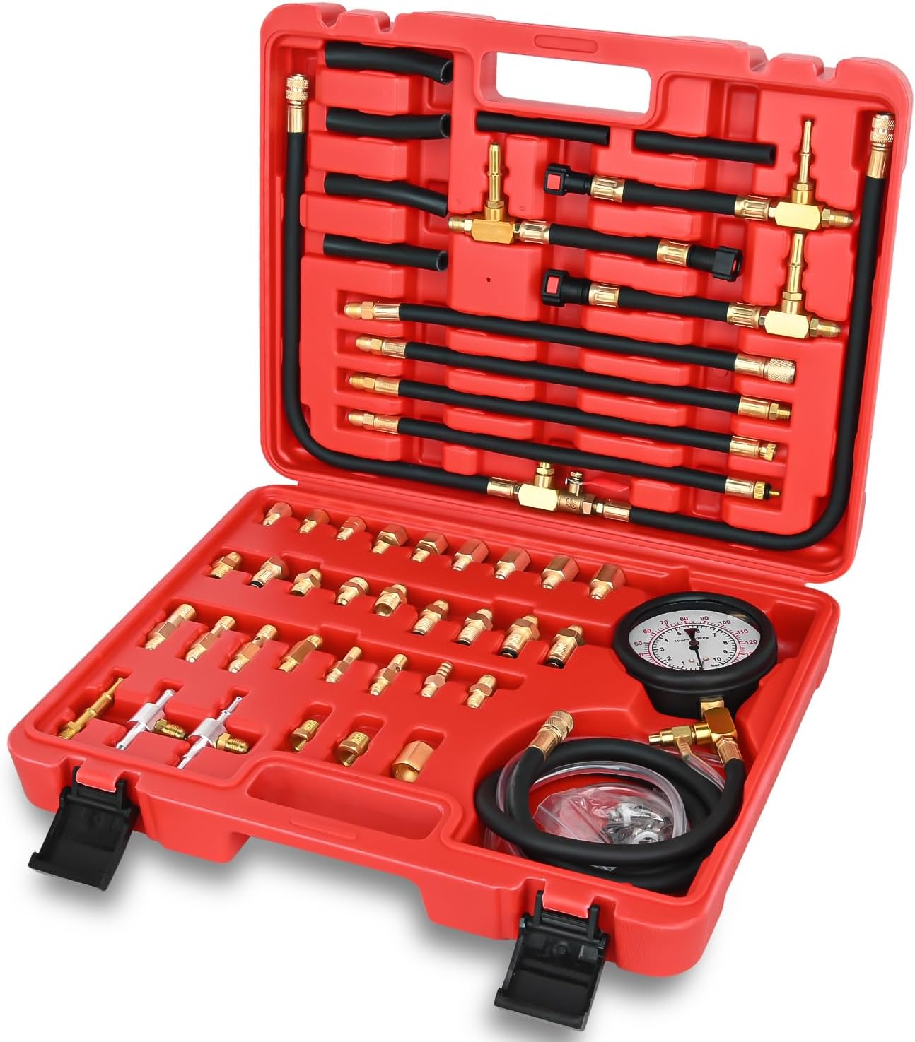 GOOACC Fuel Injection Pressure Tester Kit - 0-140PSI Fuel Pressure Gauge with 6.30 7.89 9.49 Fuel Line Fittings, Gasoline Engine Diagnostic Tool for Car Truck SUV ATV