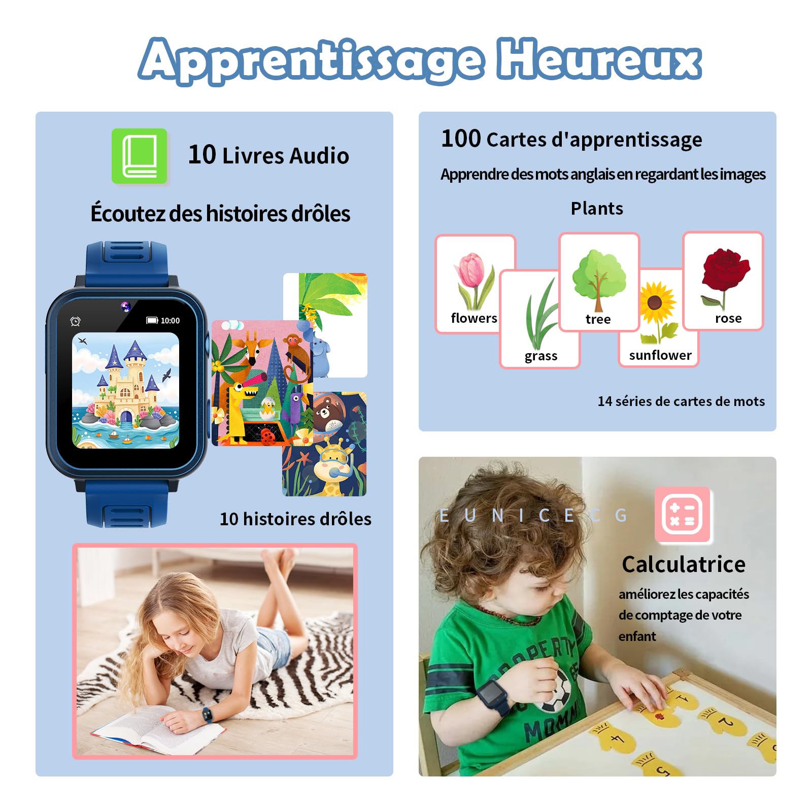 Jeux éducatifs 3-13 Ans EUNICECG Montre Connectée Enfant GPS - Téléphone SOS étanche IP68 Pour 3-13 Ans Avec Jeux Montre GPS Enfant