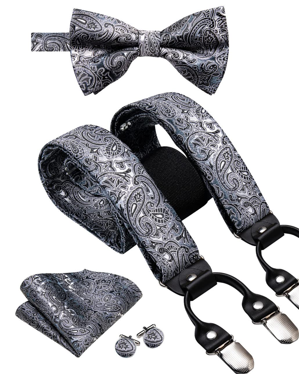 keusyoi Herren-Hosenträger-Set aus Jacquard-Seide, blaue Blume, 6 Clips, Herren-Hosenträger, Fliege, Einstecktuch, quadratisch, 3,5 cm breit