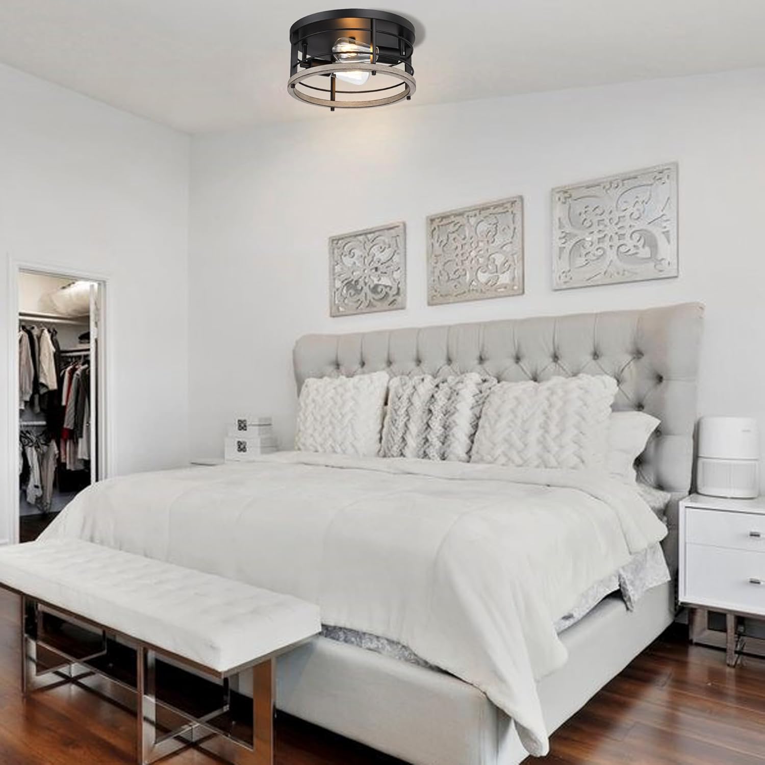 2-Light Black Modern Industrial Round Flush Mount Ceiling Light Fixture for Indoor/Outdoor, Kitchen, Bedroom, Living Room, 11.8 x 11.8 x 6.08 inches