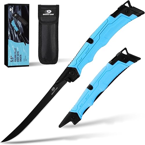 Mossy Oak Fillet Knife, 5.5'' Folding Fillet Knife with Razor Sharp 5Cr15 Stainless Steel Blade, Non-Slip Handle, Protective Sheath, Rust & Corrosion-Resistant Filet Knives for Fish Filleting & Boning