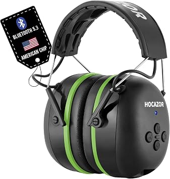 HZ07 Upgrade Bluetooth 5.3 Hearing Protection Built-in 1500 mAh Rechargeable Battery 40 Hours+ Playing Time Noise Cancelling 25dB NRR Earmuffs NRR 25dB for Mowing Workshops, Green