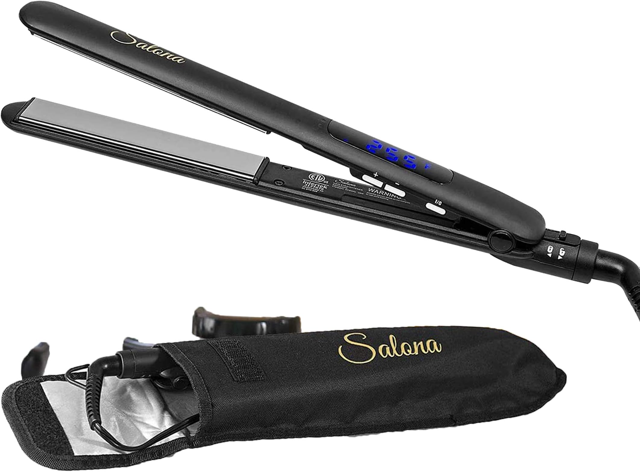 Salona Titanium Coated Hair Straightening Iron, Professional Flat Iron Hair Straightener and Hair Curler with Digital LCD Display and Heat Resistant Bag, Black