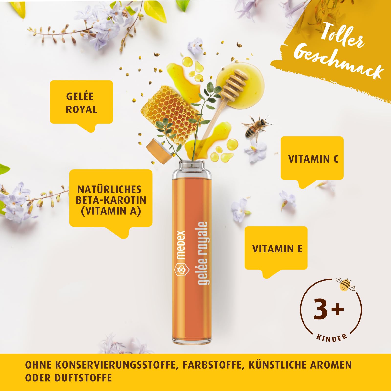 Medex Gelée Royale JUNIOR, frisches Gelee Royal 250 mg, mit natürlichen Vitaminen A, C, E, ausgezeichneter Geschmack, ohne Süßstoffe, für Kinder ab 3+, Flüssigkeit in Ampullen 10 x 9 ml