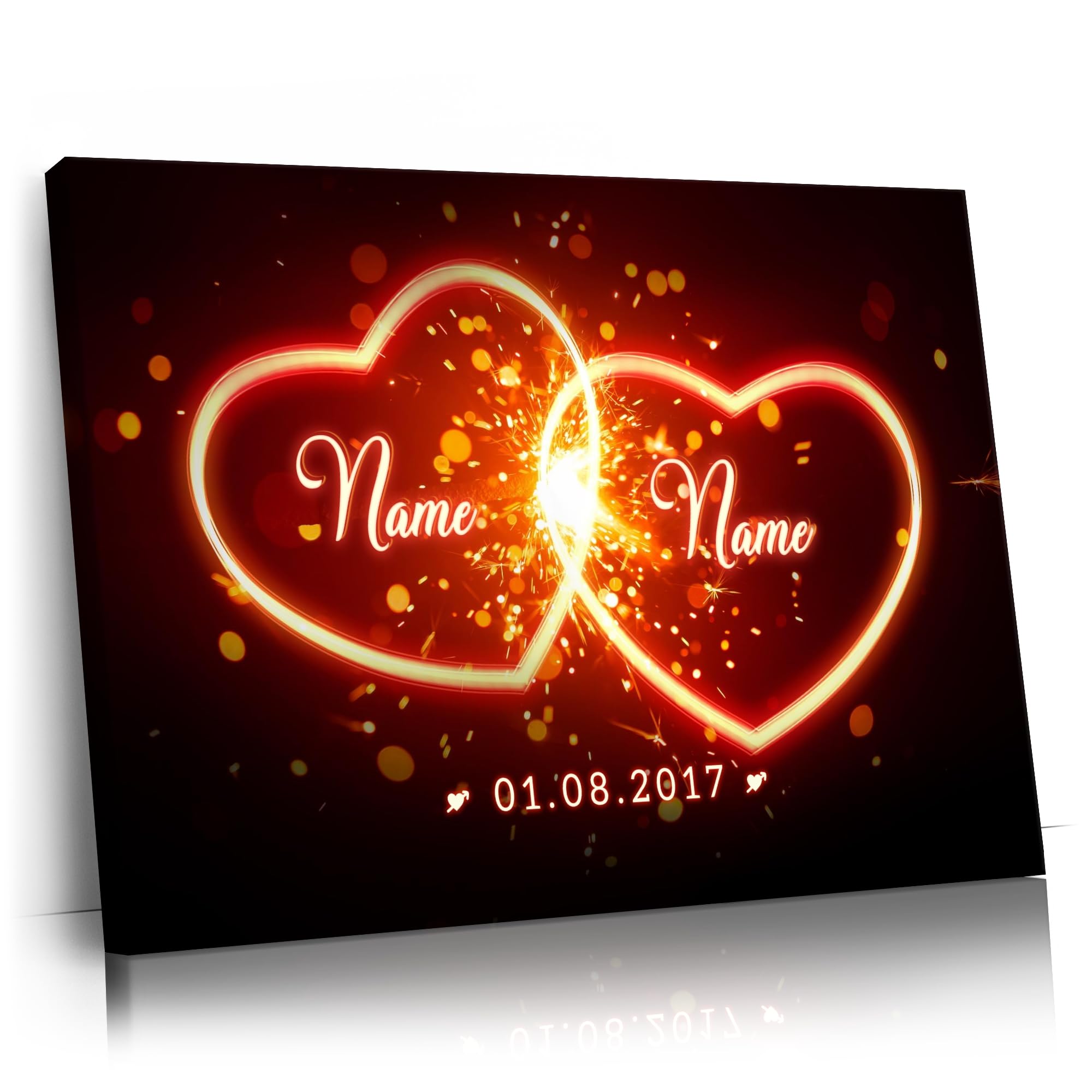 Liebesleinwand Leinwandbild personalisiert | Leinwand gestalten mit Namen und Datum Geschenk für Partner | Glühende Herzen