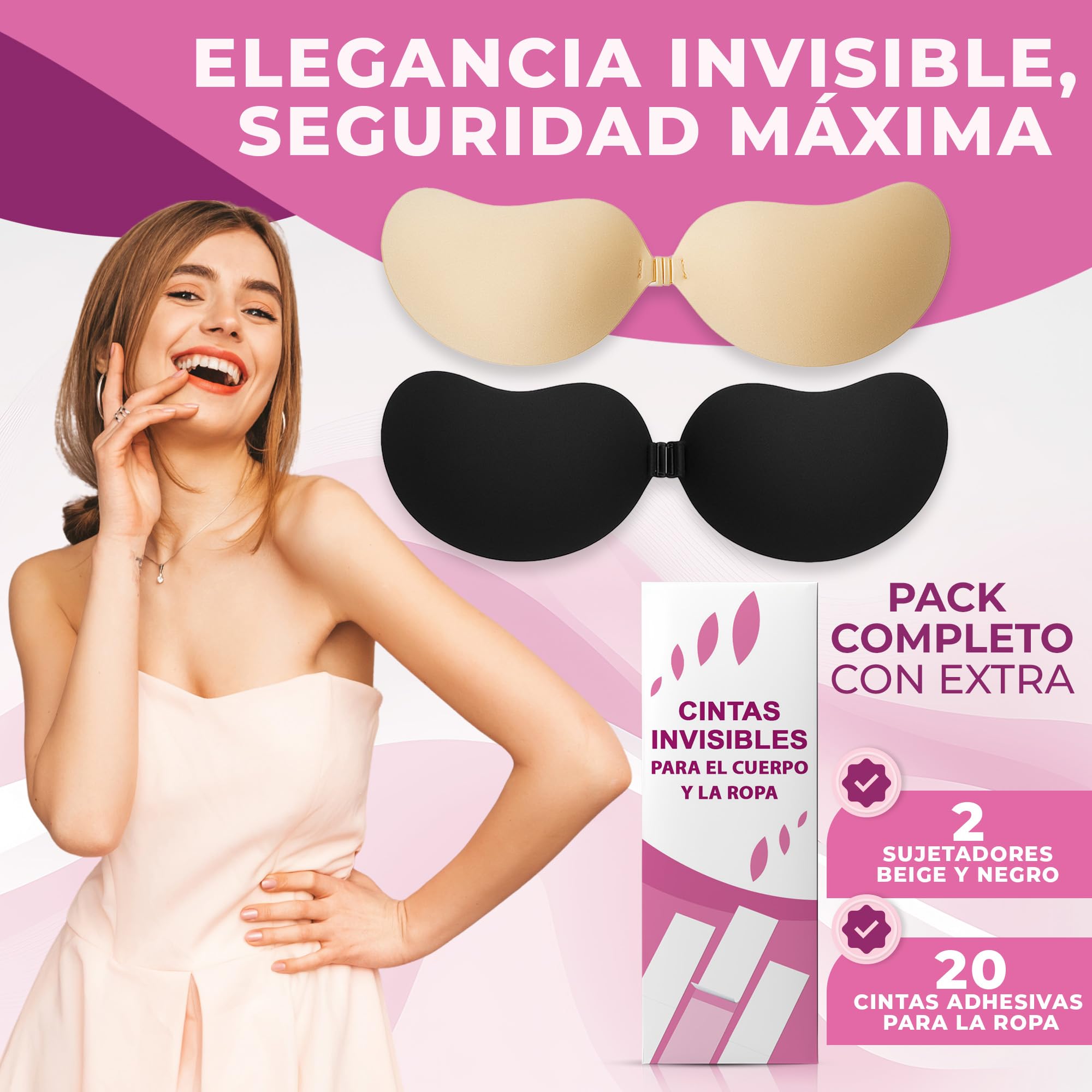 Sujetador Invisible Push Up Adhesivo Hipoalergénico Reutilizable Realce Natural Beige y Negro