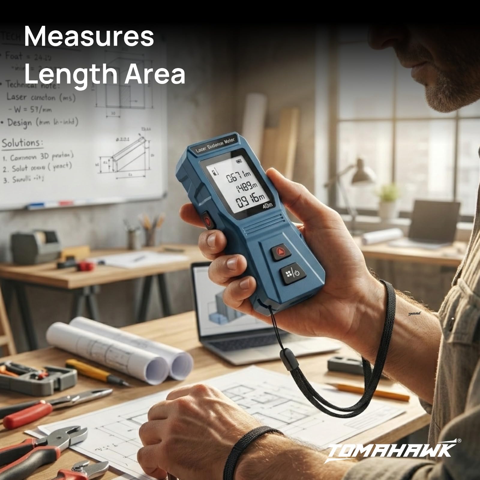 TOMAHAWK® TLM-O-40 Laser Distance Meter Measurer 131Ft/40M with Area, Volume and Pythagoras Measurement - Water and Dust Resistant Laser Measuring Device with Backlit LCD, Battery Included 3