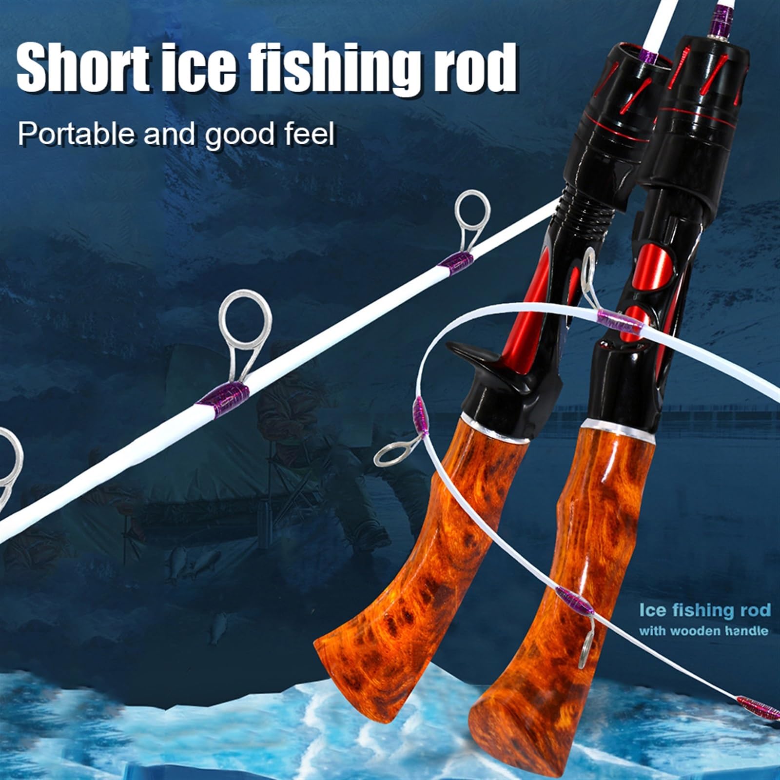 Cañas de pesca Caña de pescar de hielo telescópica for invierno, Mini alimentador for deportes al aire libre, caña de pescar con mango de madera, caña de pescar de invierno, carrete de pesca en hielo