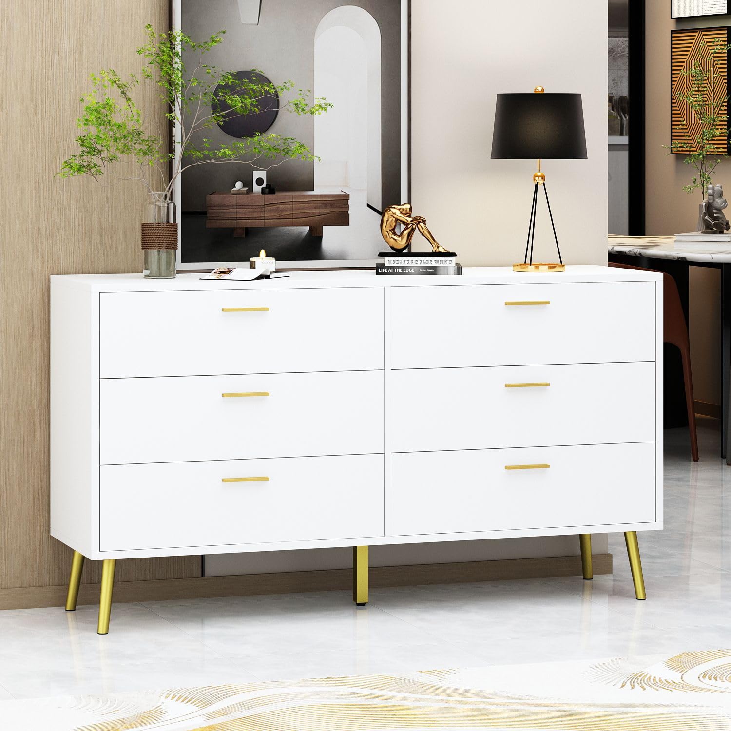 TAMUNE 47.2”W 6 Drawer Dresser, Modern 6-Drawer Chest with Gold Metal Handles, Bedroom Dresser with Gold Metal Legs, for Living Room Entryway White,