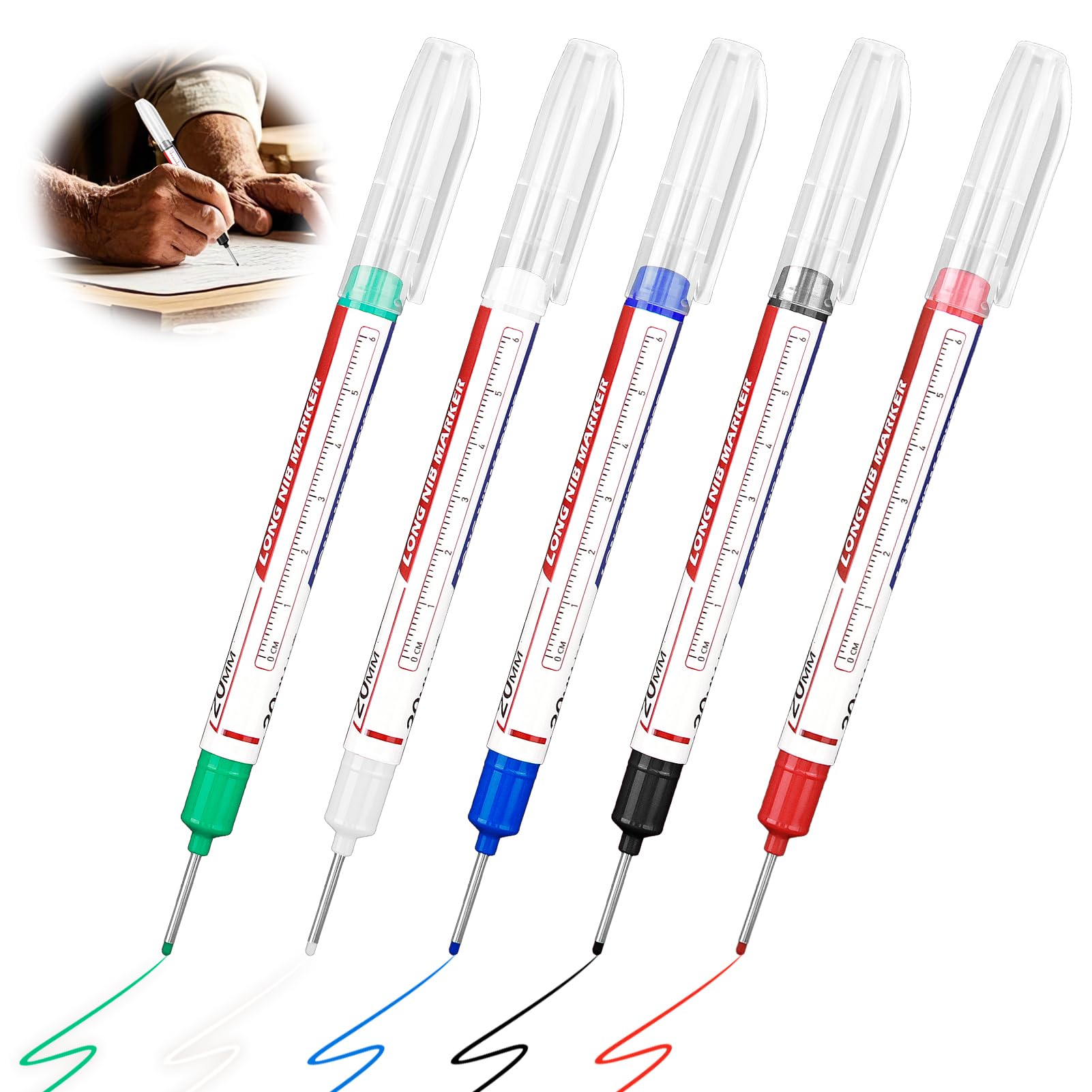 5 Piezas Marcador Agujeros Profundos, 20mm Rotulador Permanente, Rotuladores Agujeros Profundos Punta Extralarga, Rotulador Carpintero, Marcador para Metal Madera Cartón (Negro Azul Rojo Verde Blanco)