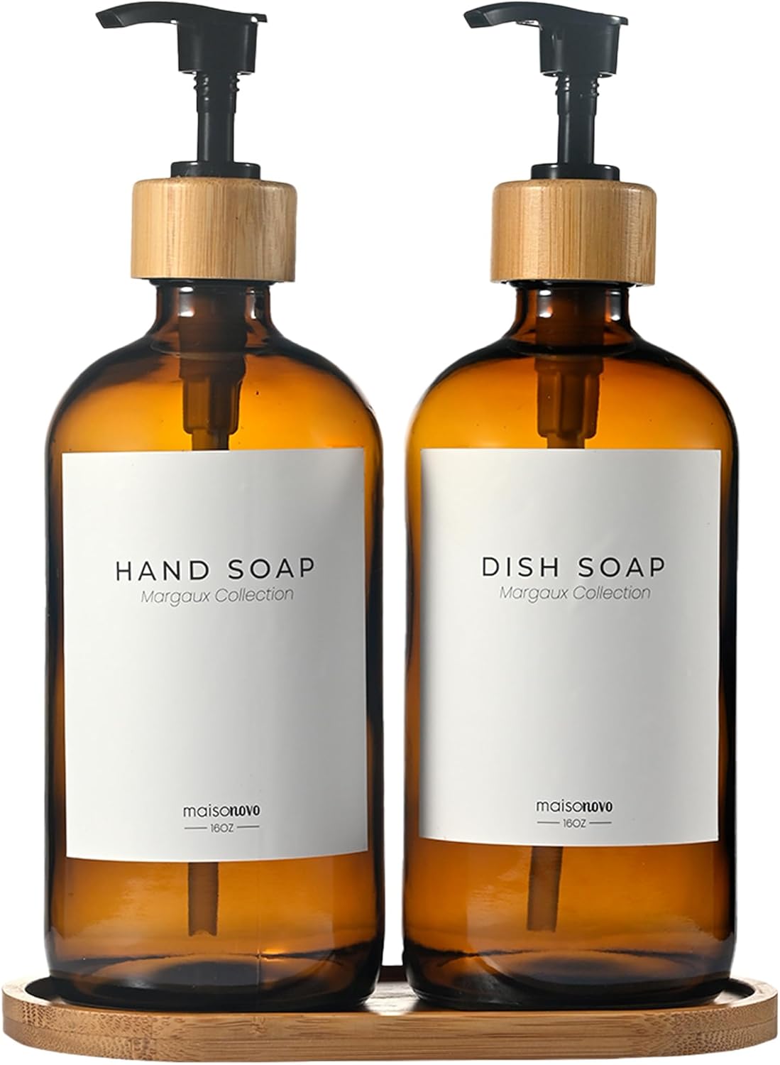 Maisonovo glass soap dispenser set with bamboo pumps (2-pack)