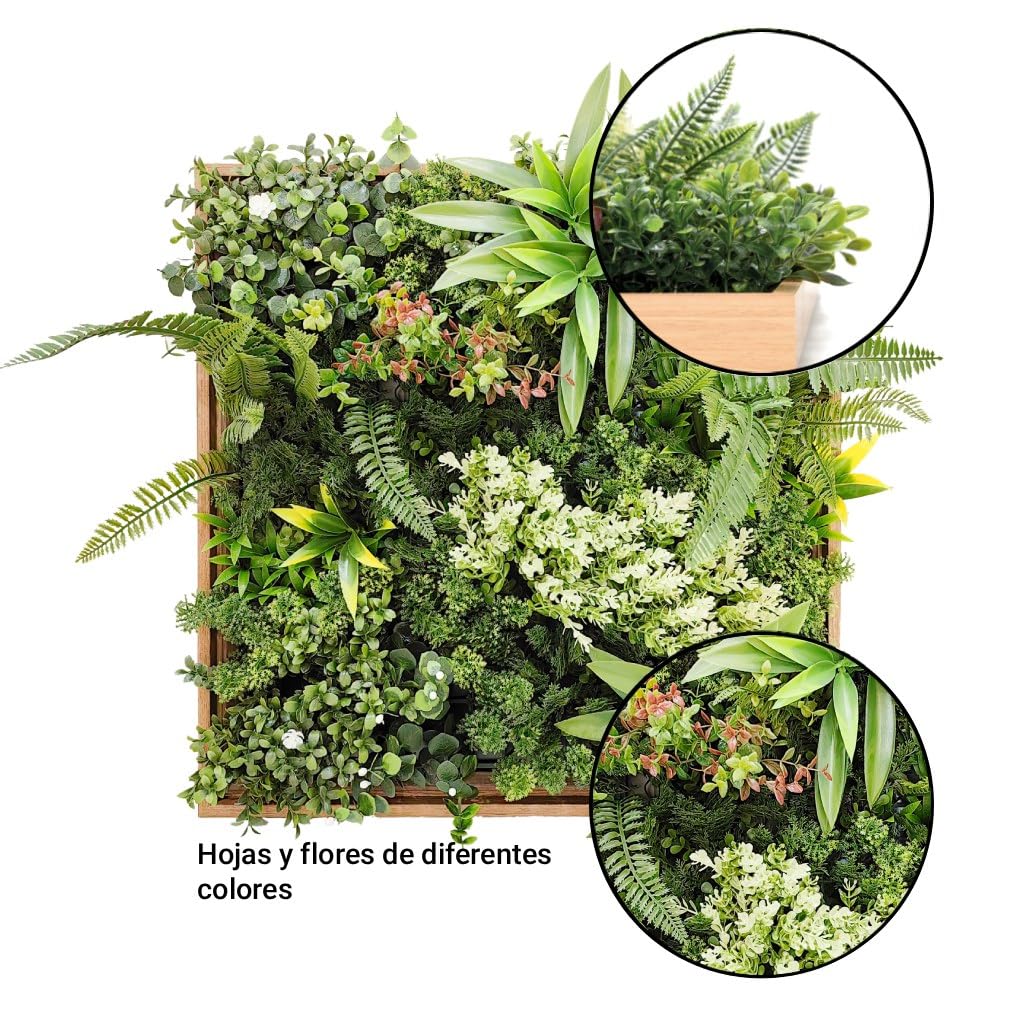 BONERVA Jardín Vertical Artificial Taormina con Marco de Madera Natural 50x50 cm Cuadro Vegetal Decorativo para Interior Estilo nórdico y contemporáneo sin Mantenimiento en oficinas y hoteles