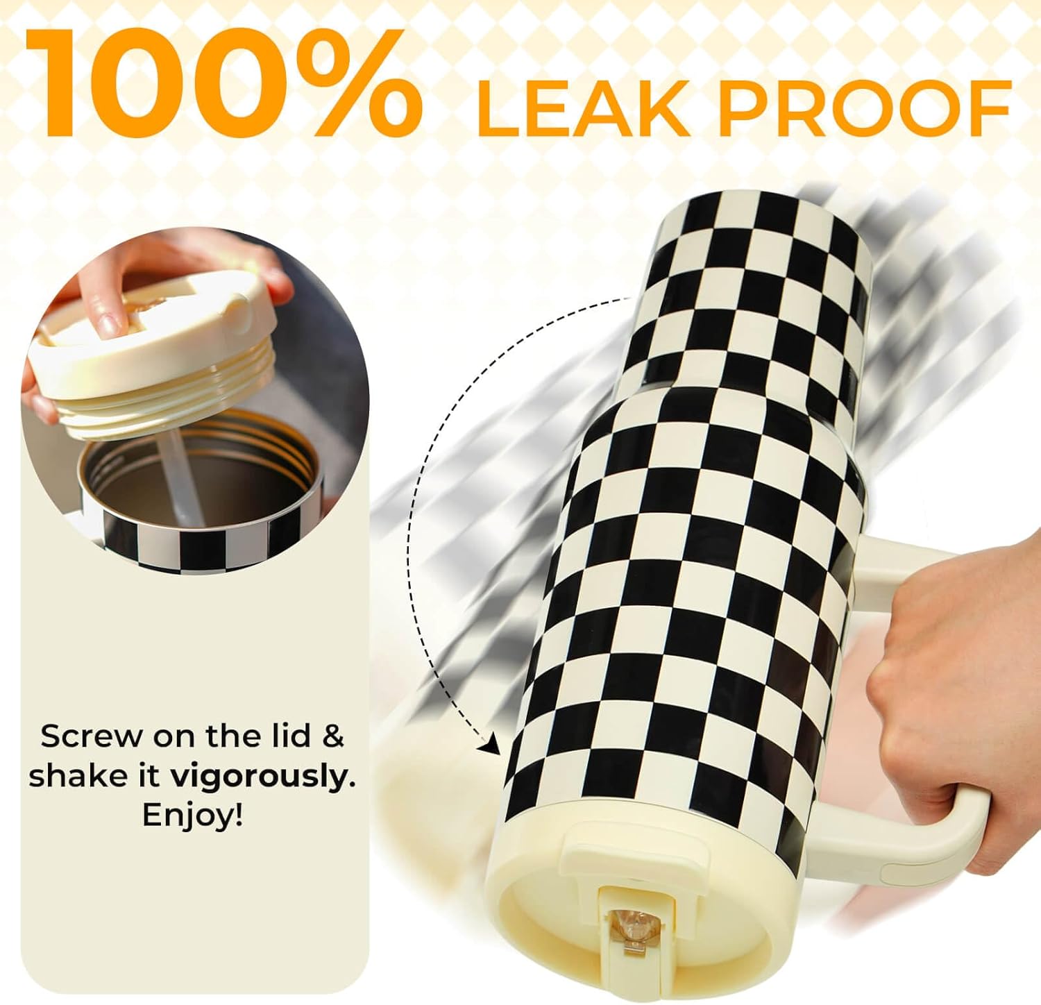 ProTour 100% Leakproof 40 oz Tumbler with Handle & 4-in-1 SipSwig Lid | Built-In Flip Straw & External Stainless Steel Straw | Insulated Stainless Steel Cup | BPA-Free | Black & White Checkered - Image 3