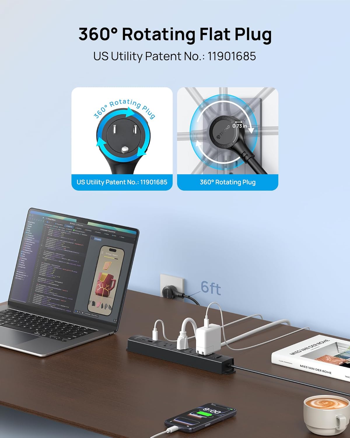 TROND 360° Rotating Plug Surge Protector, Power Strip with USB Ports, 3 USB C and 1 USB A, 1440 Joules, ETL Listed, 1625W, Wall Outlet Extender, 6ft Extension Cord for Home Office Dorm, Black