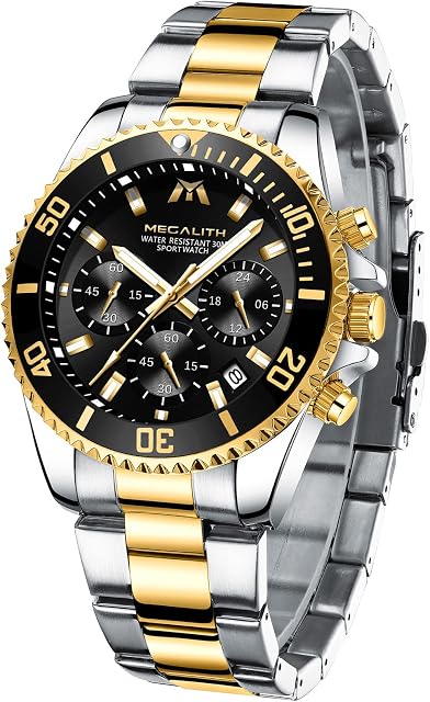 MEGALITH Mens Watches Chronograph Stainless Steel Watches for Men Waterproof Designer Mens Wrist Watches Dress Analogue Luminous Date