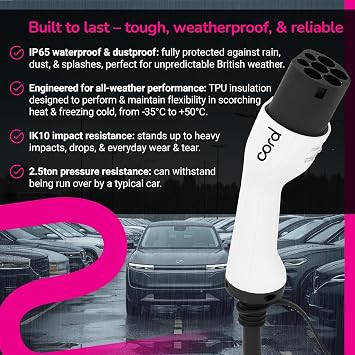 Cord Type 2 to Type 2 EV Charging Cable, 32amp, 7.4kW, 10 Metre, Single Phase, Black & White