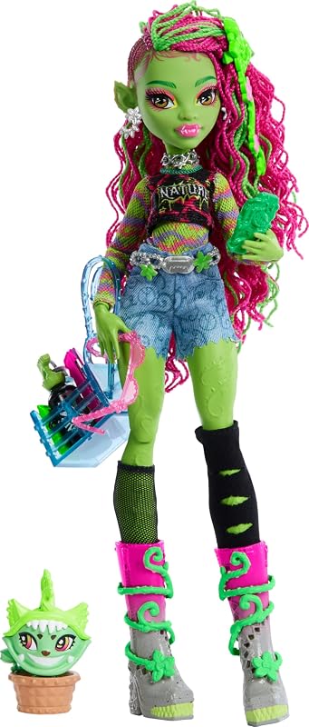 Muñeca Monster High Venus McFlytrap con masticador de mascotas Monster para plantas y accesorios como mochila, cuaderno, bocadillos y más