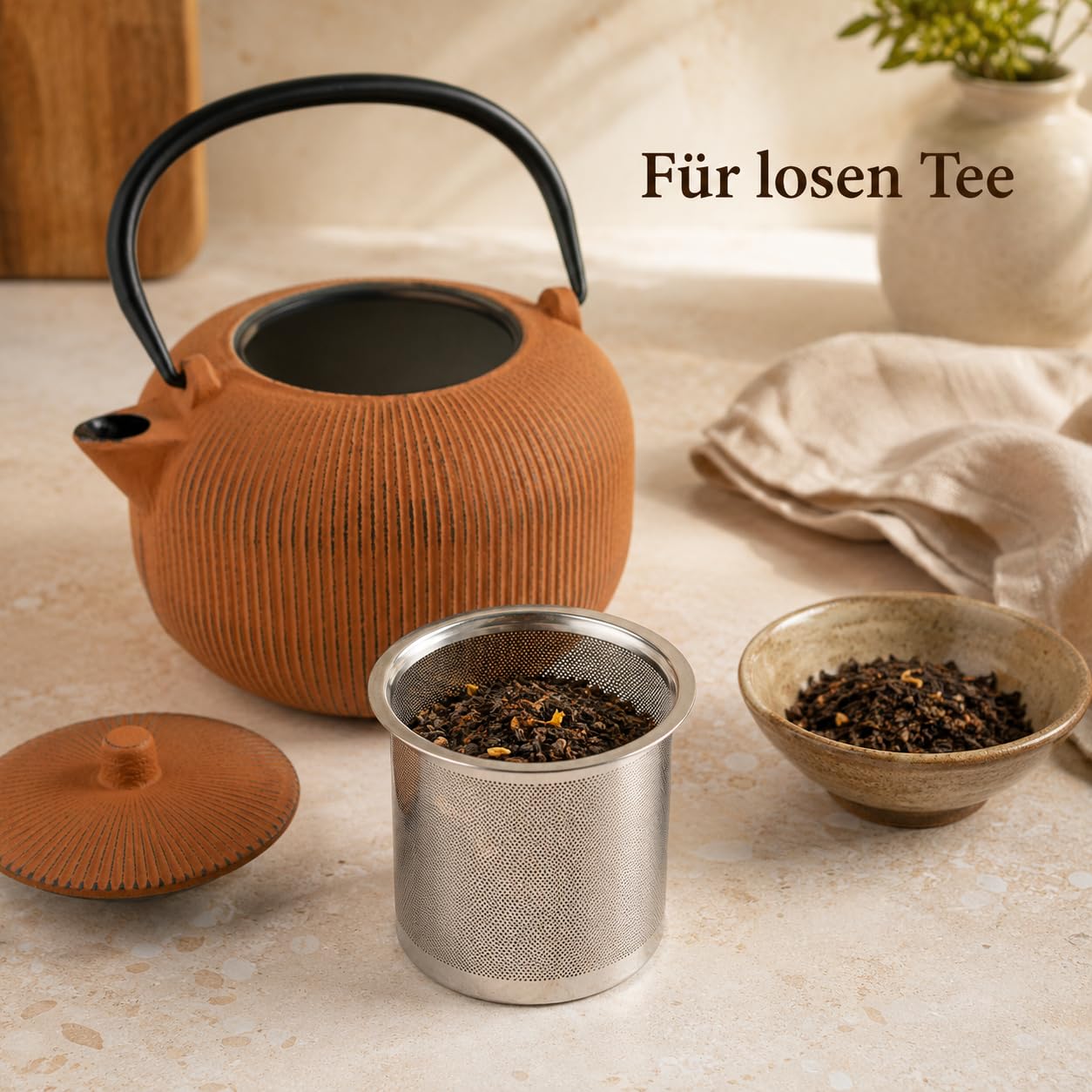 MIJOMA Tetera de hierro fundido con esmalte y filtro de acero inoxidable, color marrón | 1000 ml, mango negro, tapa e infusor para té suelto