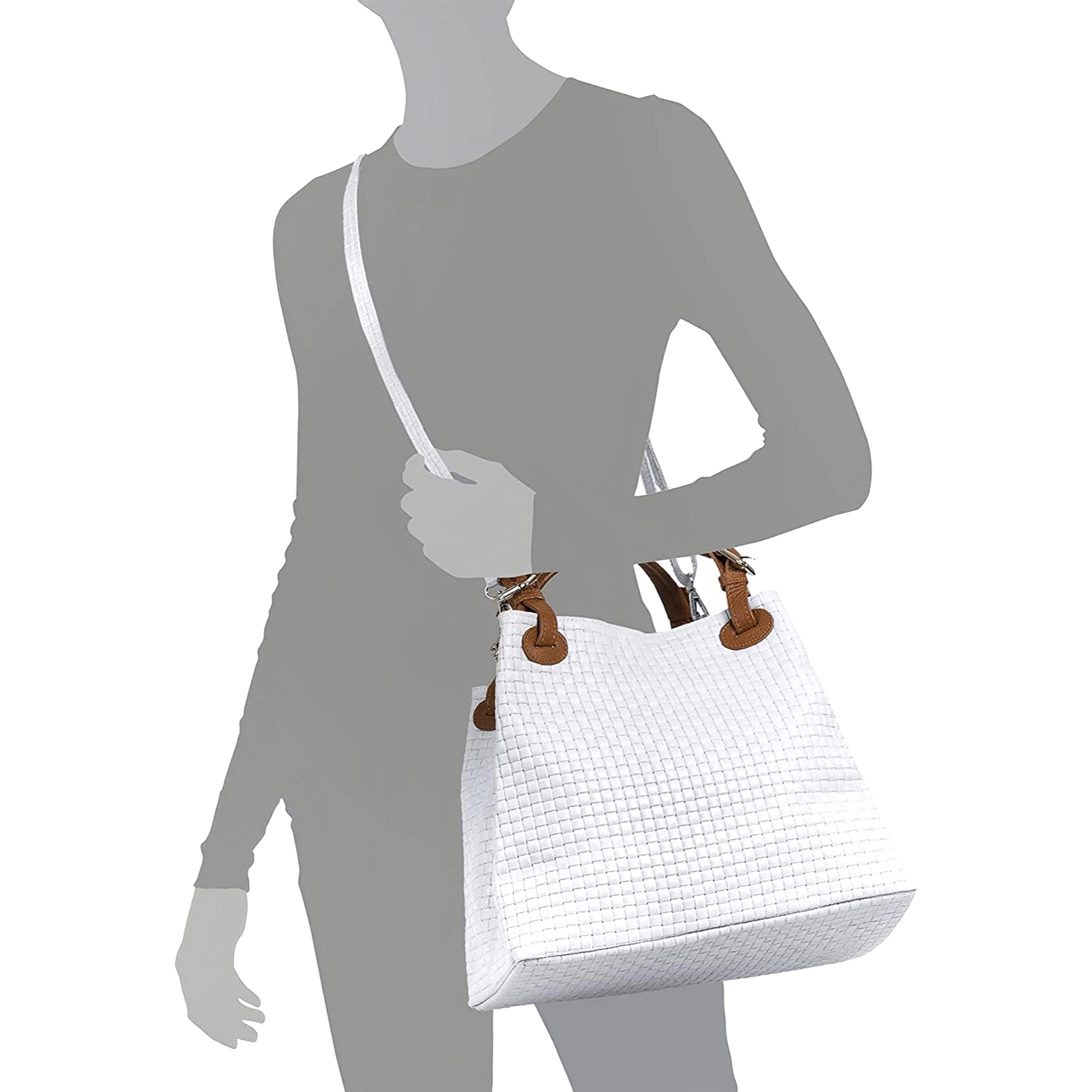 Bolso de mano estampado trenzado para mujer con correa de piel auténtica - 33 x 17 x 29 cm, Negro , 33x17x29 Cm
