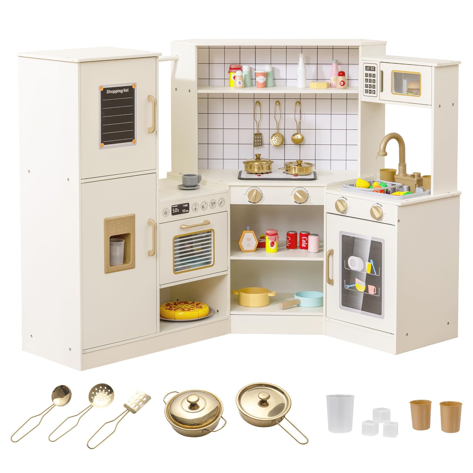 COSTWAY Kids Corner Play Kitchen, Wooden Pretend Toy Kitchen with Ice Dispenser, Stoves, Oven, Microwave, Dishwasher, Water Circulation Faucet & Utensils, Children's Chef Role Play Set for Boys Girls