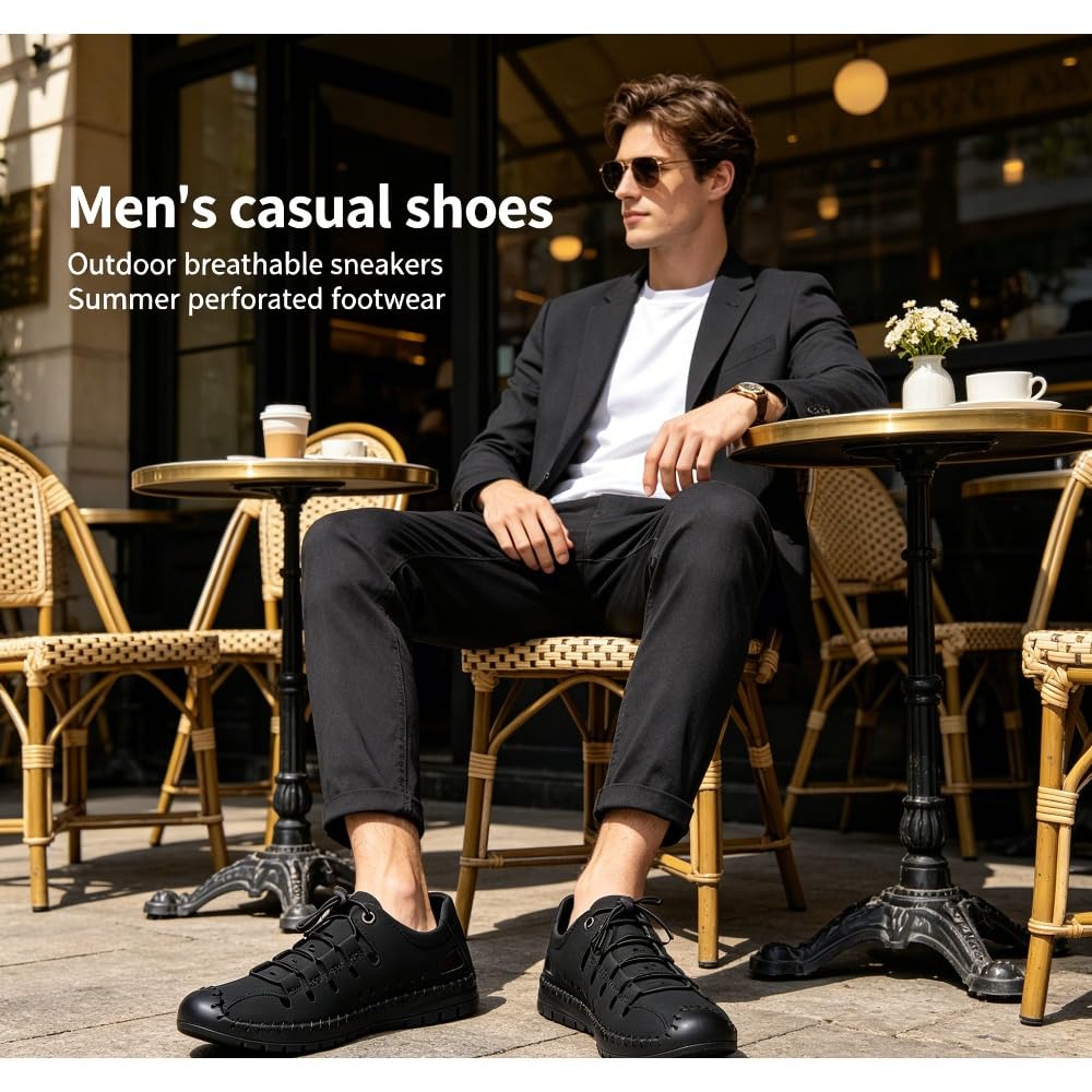 Sandales élégantes à bout fermé pour homme en cuir respirant ajouré style pêcheur été décontracté réglable élastique dentelle antidérapante pour l'extérieur, la randonnée, la plage, la marche