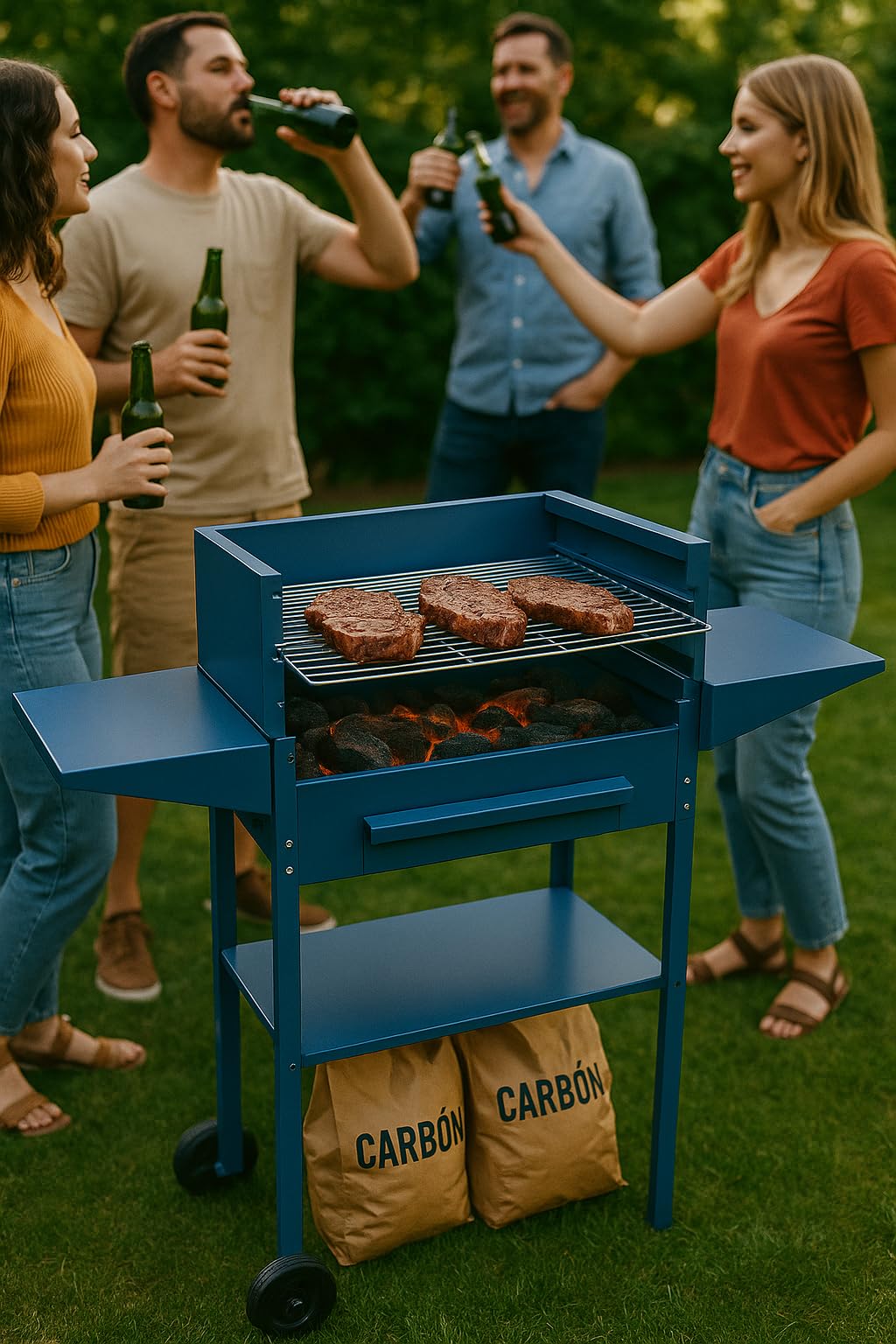 Barbecue, cassetto barbecue rettangolare con griglia a 3 altezze, barbecue a legna e carbone (60 x 35 x 40 cm con ruote)