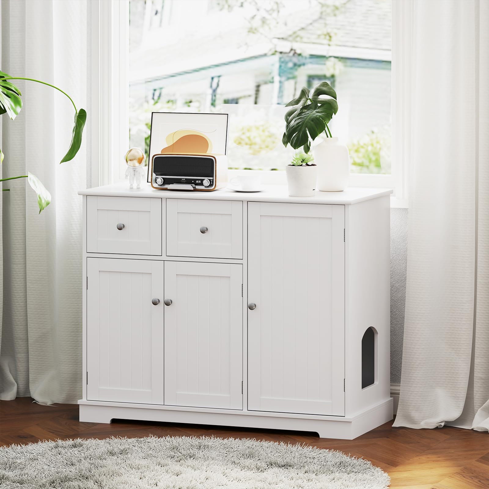 SOARS Maison de Toilette Chat, Mobile per Lettiera per Gatti con 2 Cassetti, 3 Ante e Ingresso Laterale e Dispositivo Anti-Rovesciamento, per Interni, 100 X 45 X 80 CM, Bianco