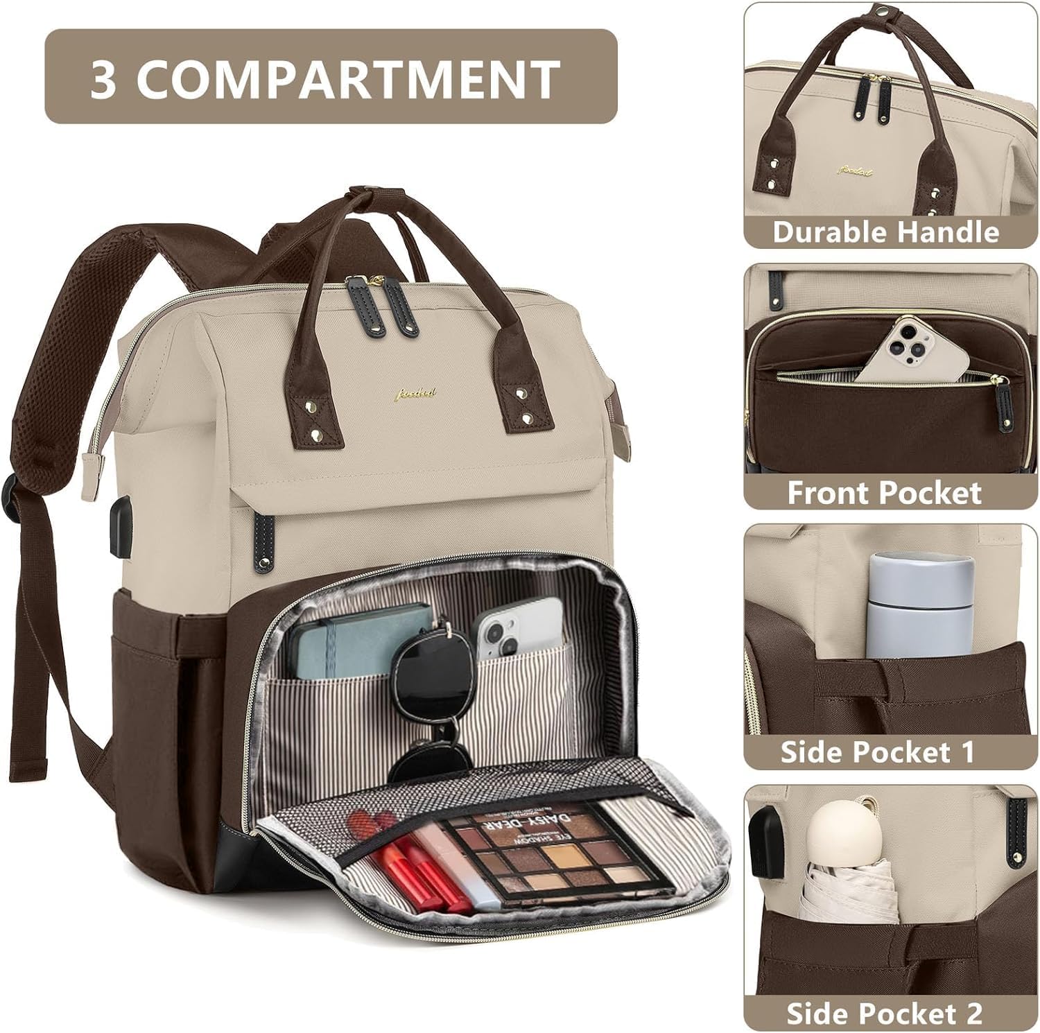 Laptop Backpack Women Work Bag: 15.6 inch Work Bookbag with USB Charging Port Large Travel Backpack Purse for College Nurse Casual Daypack for Teacher Professional Computer Backpack Apricot Coffee
