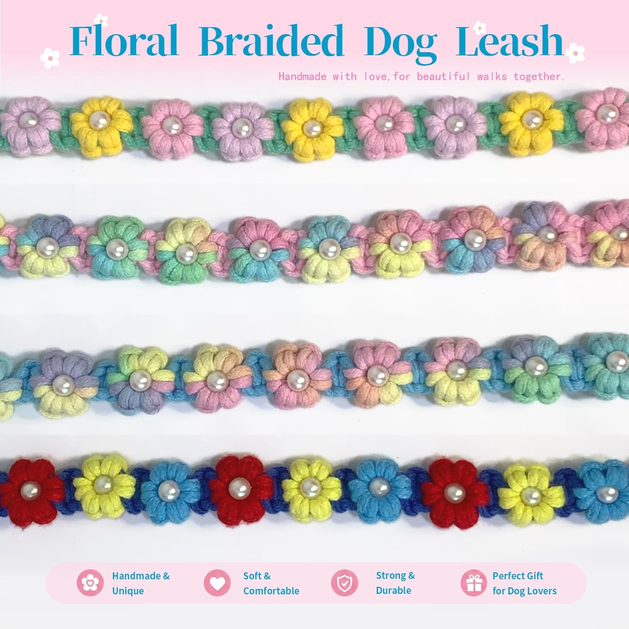 Floral Braided Dog Leash for Small Medium Dogs – Handmade Cotton Rope Lead — view 4