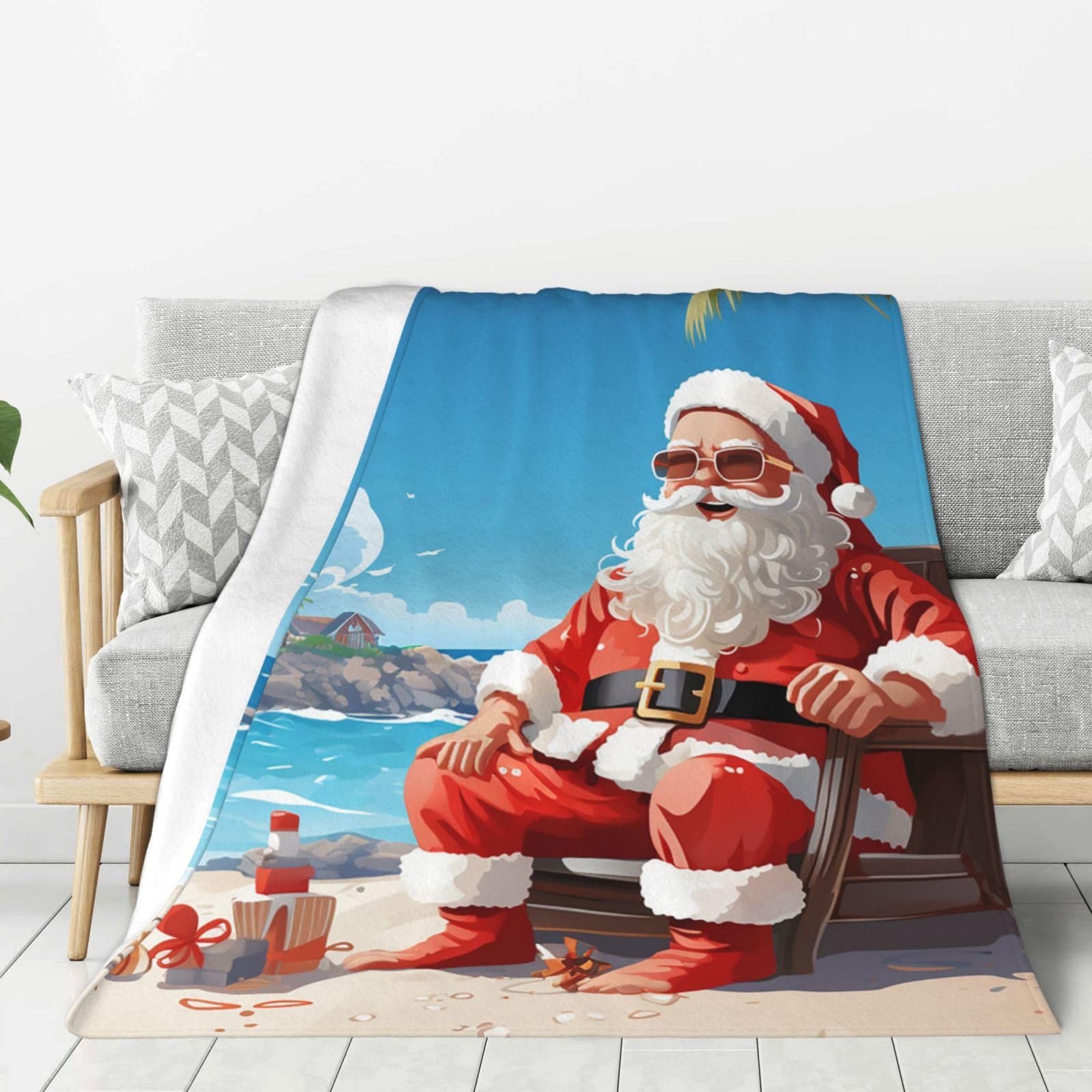 Santa Claus at Beach Throw Blanket Plush Flannel Fleece Blanket, Soft Lightweight Cozy Blankets 60"X50" for Bed Couch Sofa Travel