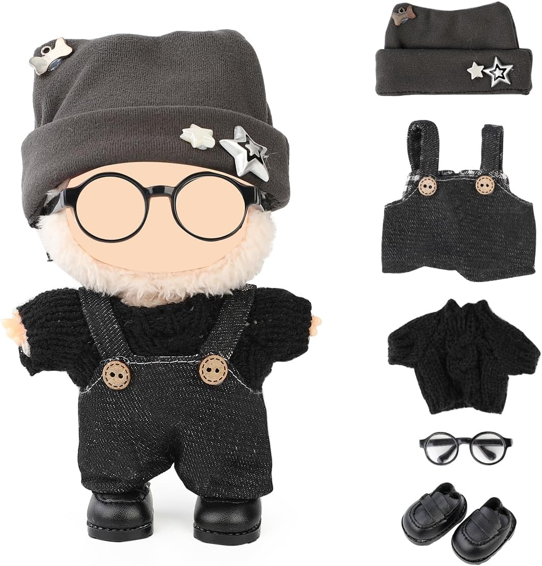 Clothes Set Compatible for Labubu Doll, Hat Suit Ornaments Accessories Set for 17cm/6.7inch Doll (Set 5 Sweater/Trendy Overalls/Hat/Glasses/Leather Boots)