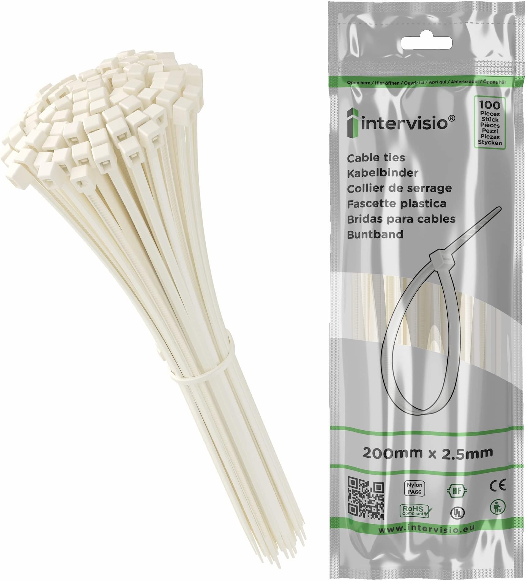 Zip Ties 200mm x 2.5mm White - 8” Premium Neutral Plastic Cable Ties, 200 mm Nylon Natural Tie Wraps, Pack of 100 Pieces by intervisio