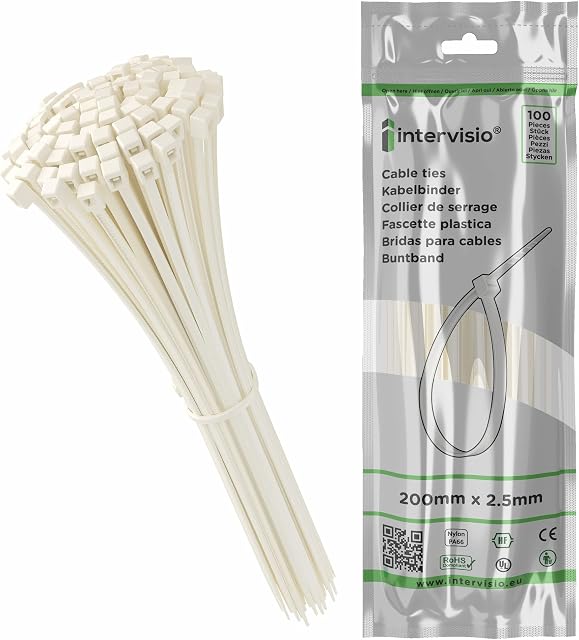 Zip Ties 200mm x 2.5mm White - 8 Premium Neutral Plastic Cable Ties, 200 mm Nylon Natural Tie Wraps, Pack of 100 Pieces by intervisio