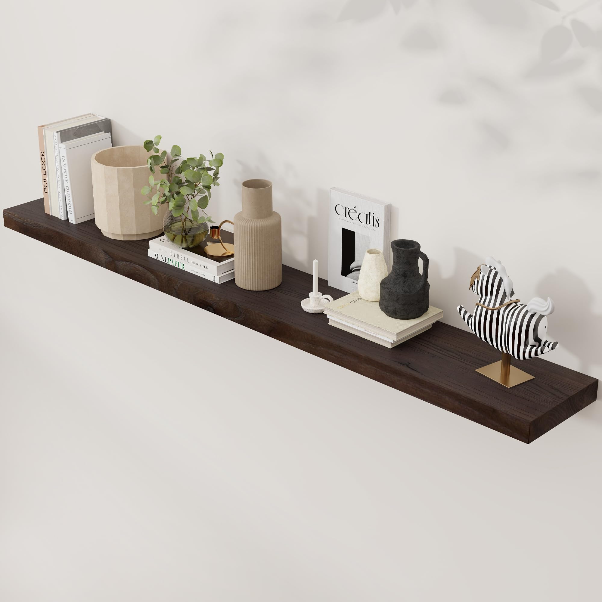 55 Inch Fireplace Mantel Shelf - 8 Inch Deep Rustic Solid Elm Wood Floating Shelf, Wall Mounted Farmhouse Display Shelf with Invisible Heavy Duty Metal Bracket, Walnut