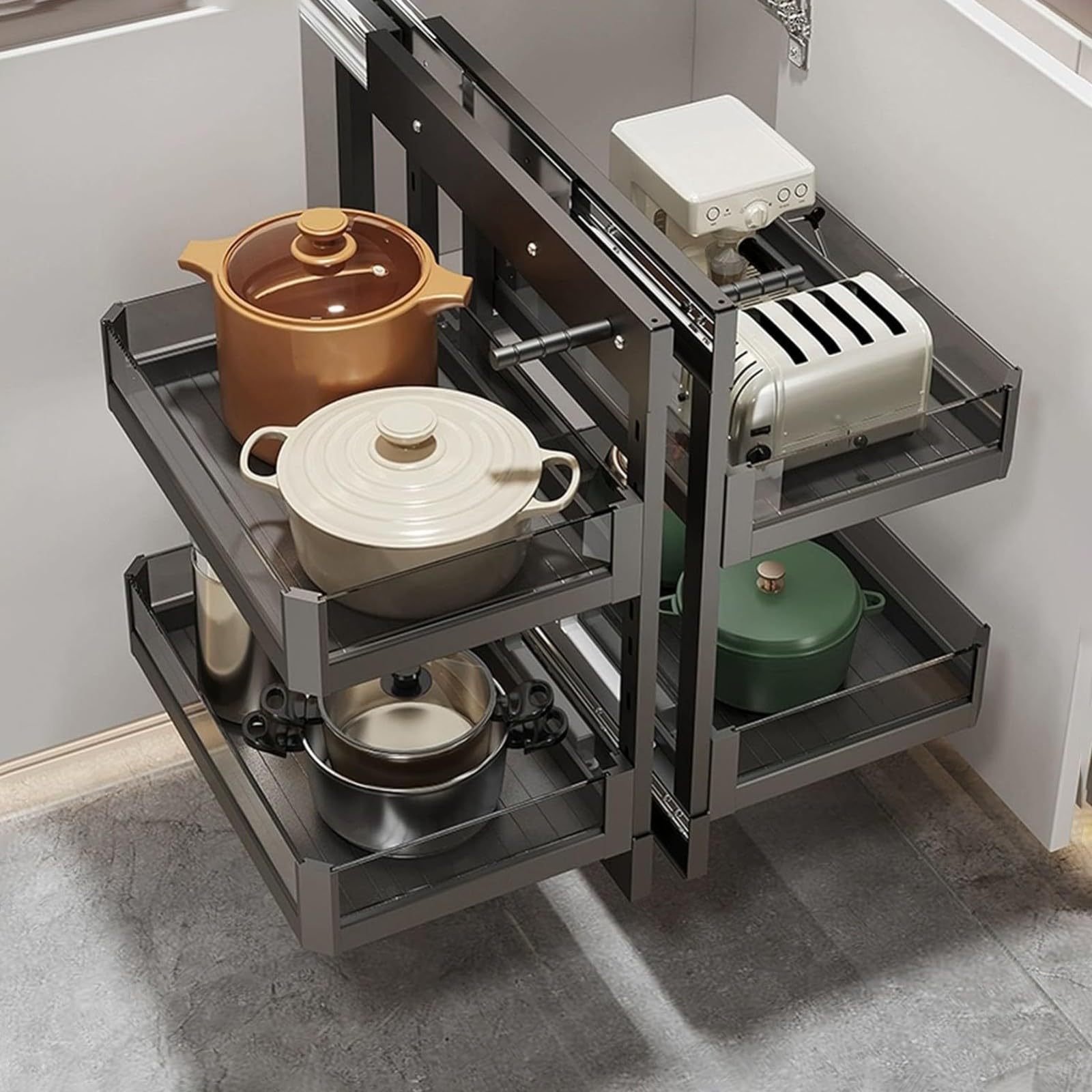 Organizzatore Estraibile per Armadietto Ad Angolo Cieco, con 4 Cestelli Portaoggetti, Compatibile con Apertura Sinistra E Apertura Destra, per Cucina Domestica 700