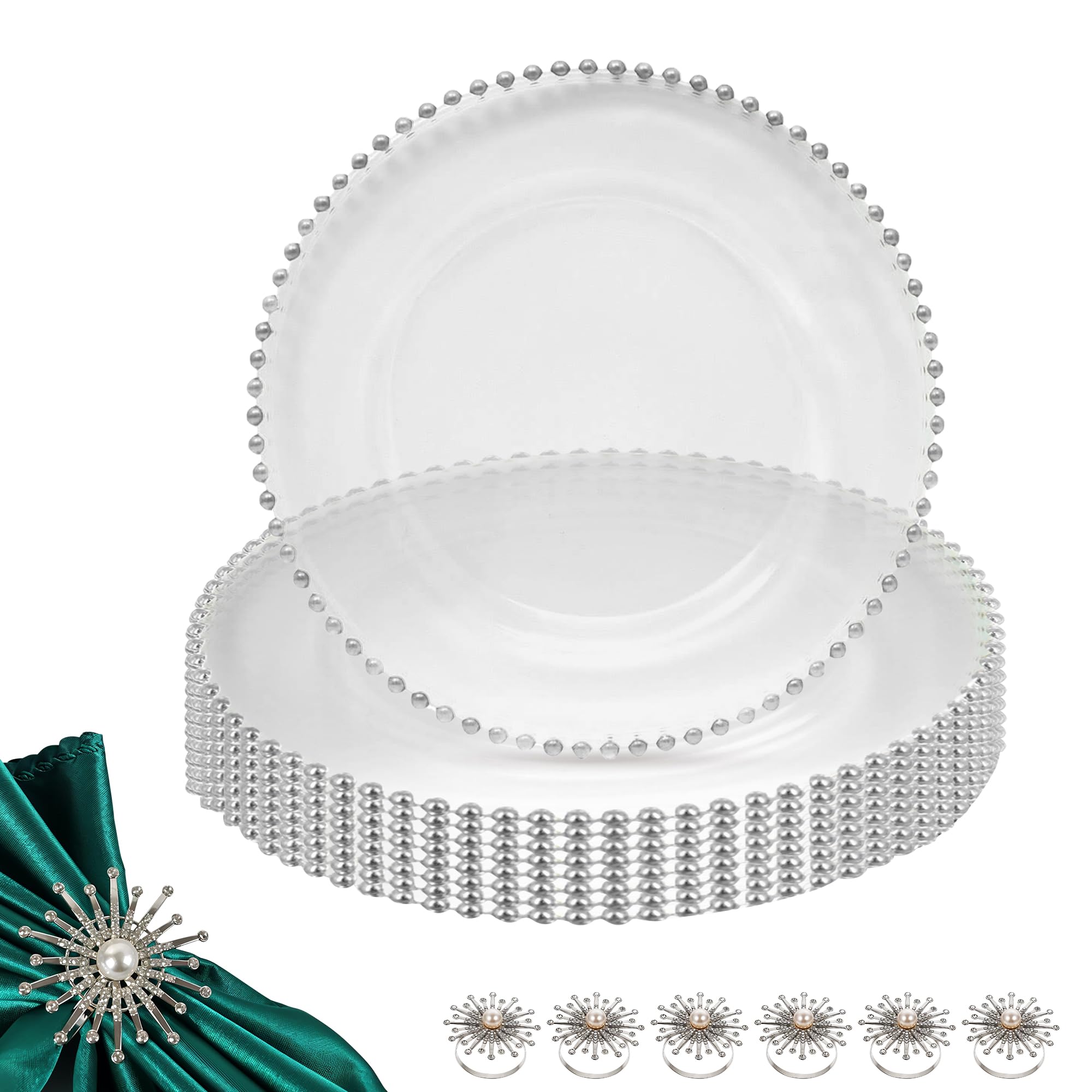 Trimming Shop Paquete combinado de platos de cristal transparente con cuentas plateadas de 13 pulgadas con servilleteros de diamantes de perla, perfectos para bodas, cenas, eventos, mesas y