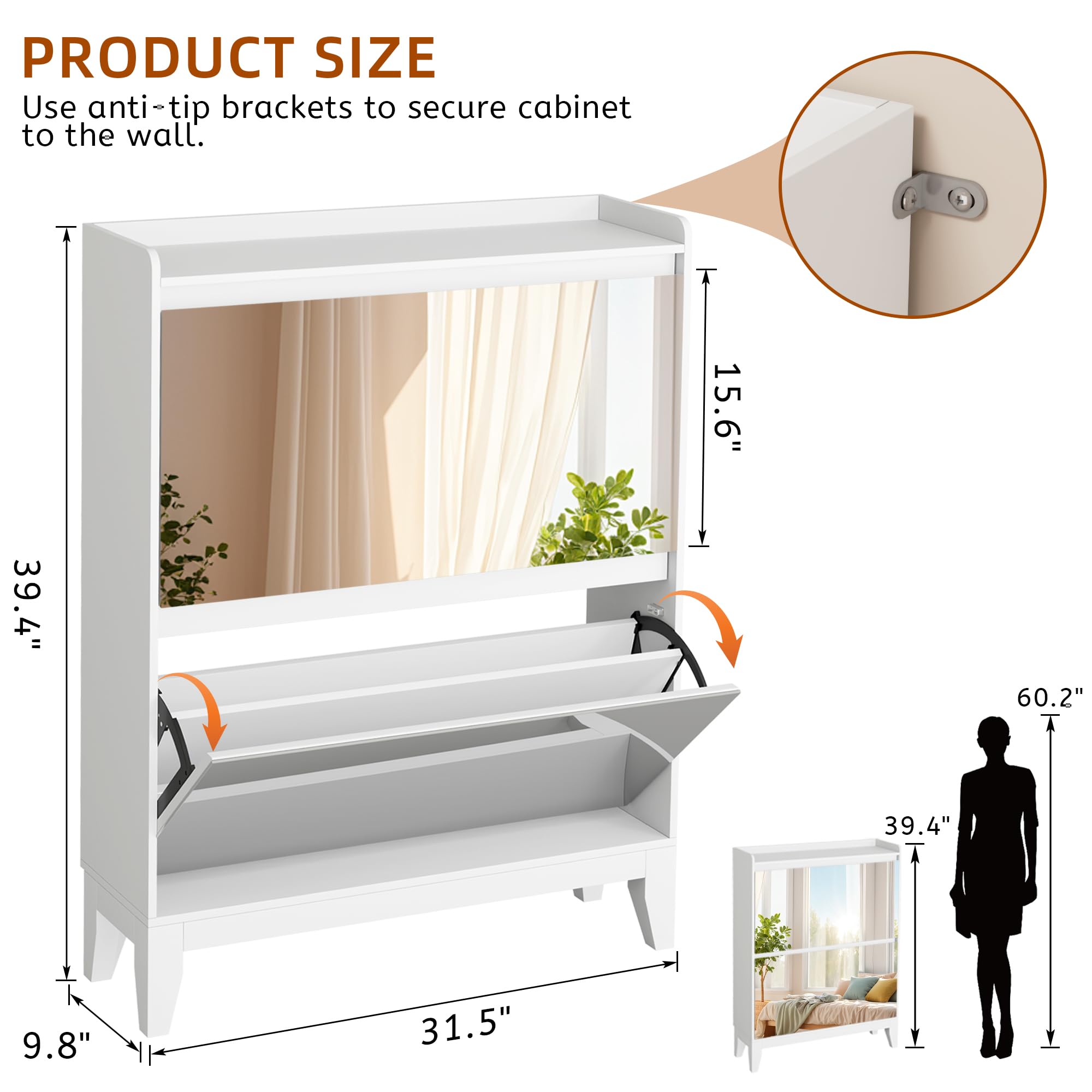 Vlsrka Scarpiera con Specchio, Scarpiera Ingresso con 2 Lembi, Scarpieras Salvaspazio Slim per 16 paia di scarpe, Cassettiera per scarpe Legno Corridoio, Ripiano Rimovibile, 103 x 80 x 25 cm, Bianco