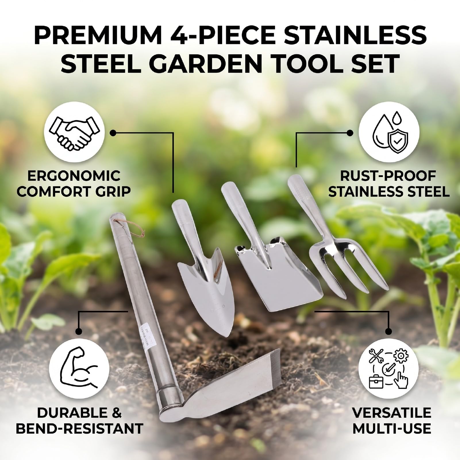 Tosuny 4 Pezzi Set Zappa e Pala da Giardino in Acciaio Inox Scavare