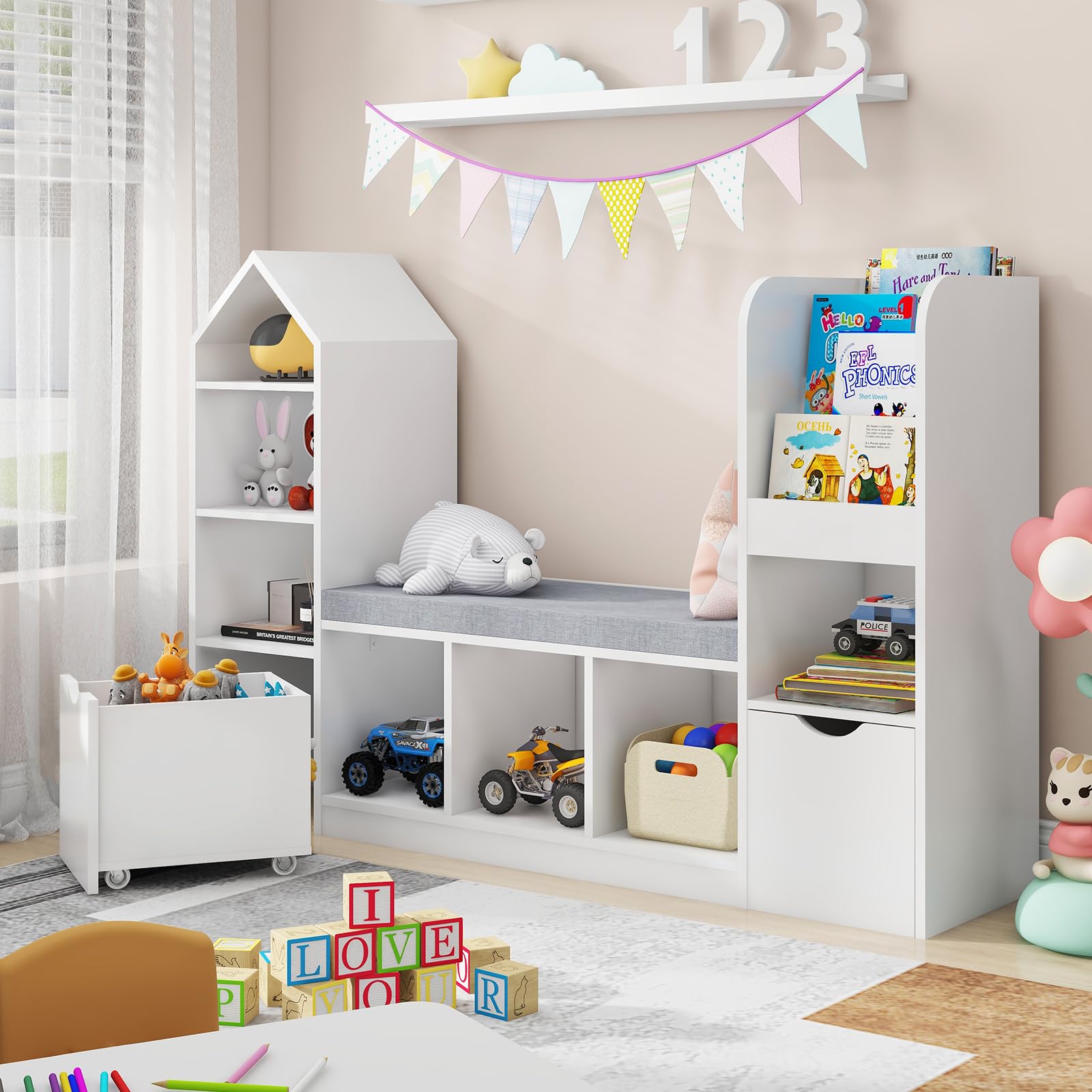 Halitaa Kids Bookcase and Bookshelf with Reading Nook, Toy Storage Organizer for Kids, White Bookcase with 7 Storage Cubbies 2 Movable Drawers and