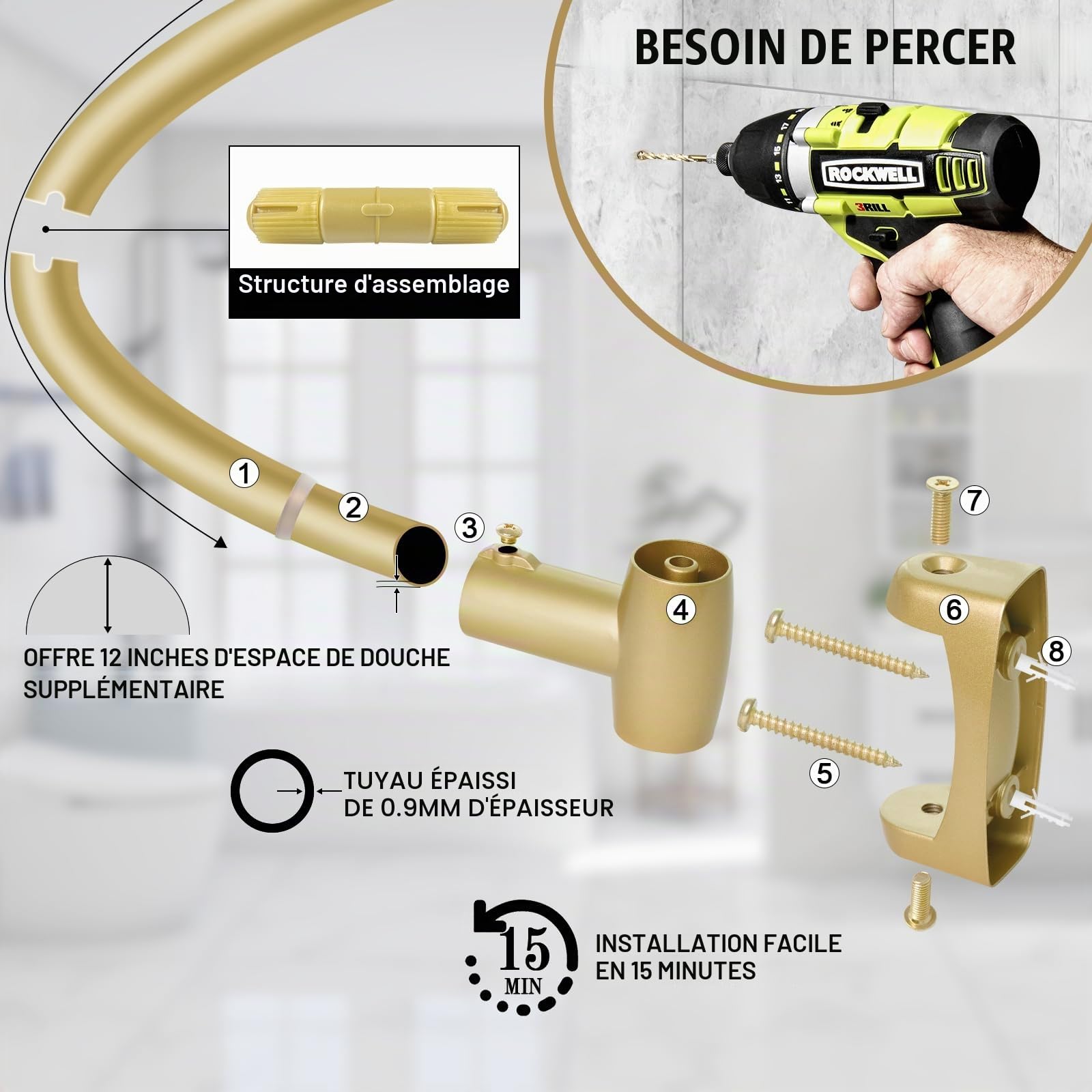 YNL Tringle à rideau de douche incurvée de 90 à 208 cm (2,5 à 2,5 m), ronde dorée et antirouille, pour salle de bain, baignoire, réglable, ne rouille pas, espace supplémentaire, antidérapante