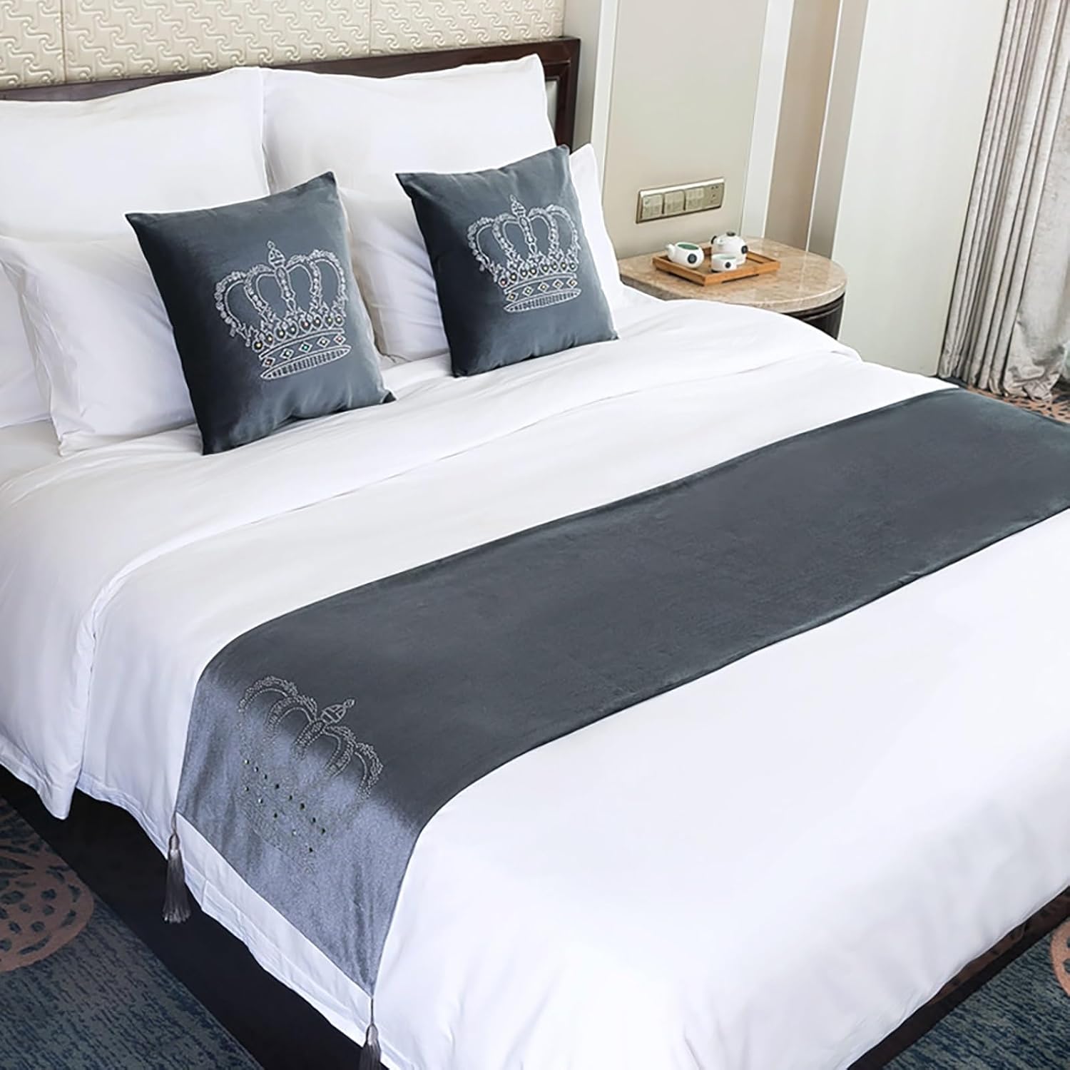 Bed Runners King Size, Bedroom Bedding End Scarves for Bed, Crown Hot Diamond Bed Scarf for Hotel Guestroom Wedding Room Decortions(Gray,45 * 240cm for 180cm Bed)