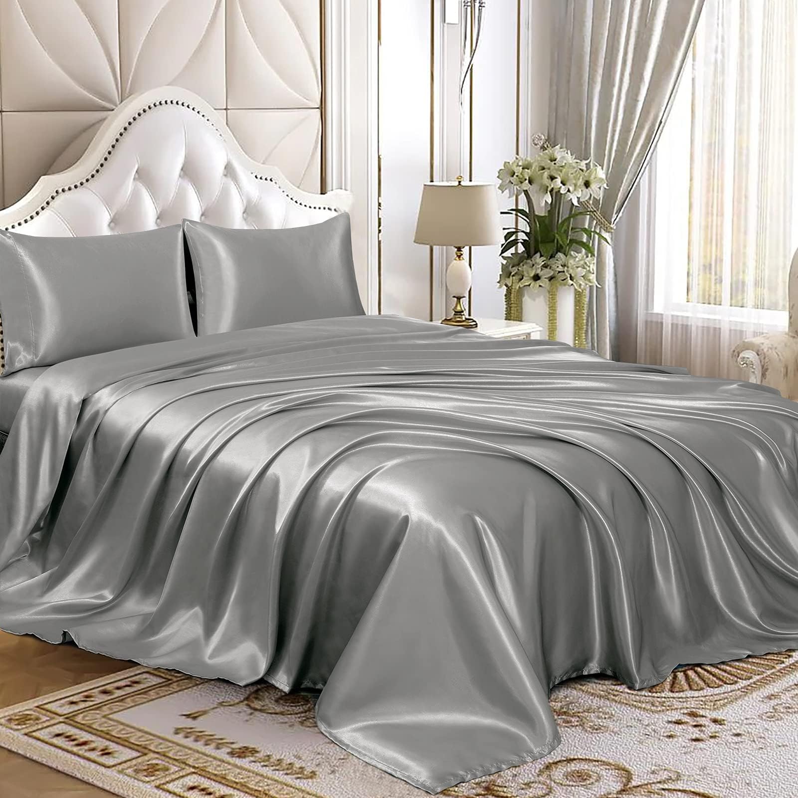 Homiest 4pcs Satin Sheets Set Luxury Silky Satin Bedding Set with Deep Pocket, 1 Fitted Sheet + 1 Flat Sheet + 2 Pillowcases (King Size, Light Grey)