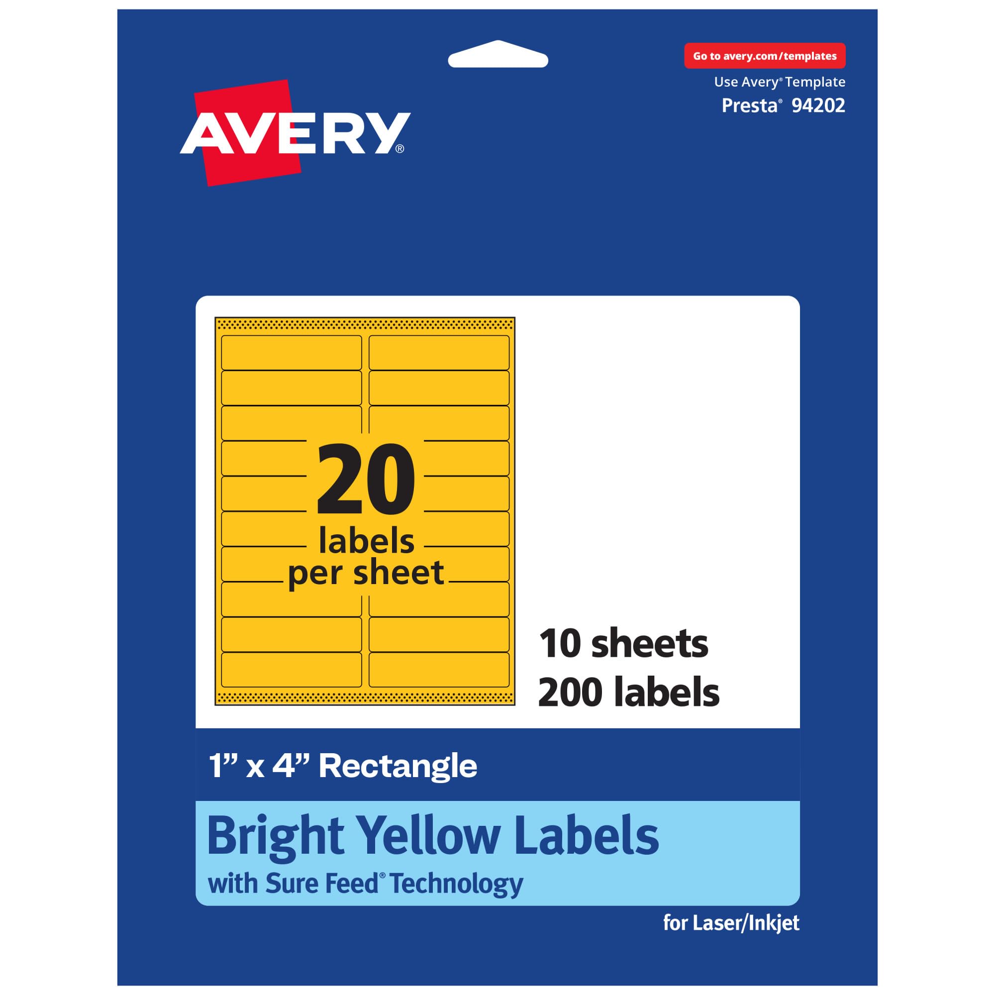 Avery Printable Rectangle Labels, Sure Feed Technology, 1" x 4", Bright Yellow Labels, Laser/Inkjet Printable, 200 Total, Great for Mailing and