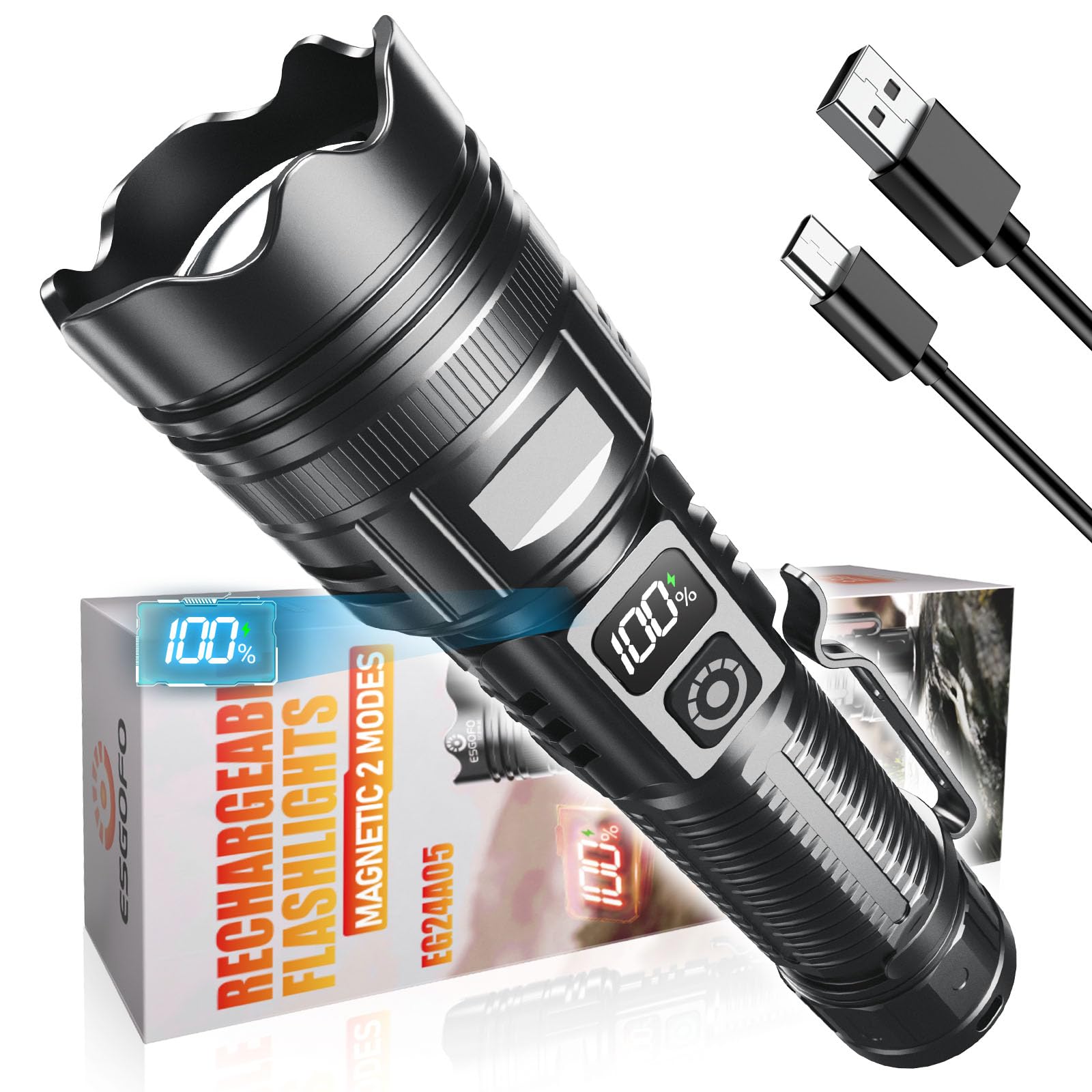 Esgofo Rechargeable Flashlights High Lumens 2000 2 Modes High/Low, Super Bright Magnetic LED Flashlight Long Distance 3280FT, Powerful Long Lasting Strong Flash Light USB C with Clip for Hiking