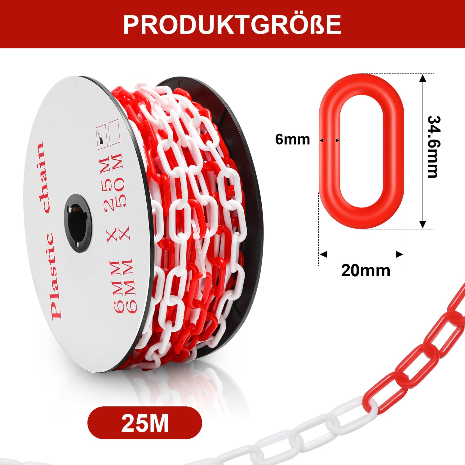Łańcuch odgradzający, łańcuch ostrzegawczy, 25 m x 6 mm, czerwono-biały, dwukolorowy, plastikowy łańcuch lekki i odporny na warunki atmosferyczne, do parkingu, hotelu, stadionu sportowego,